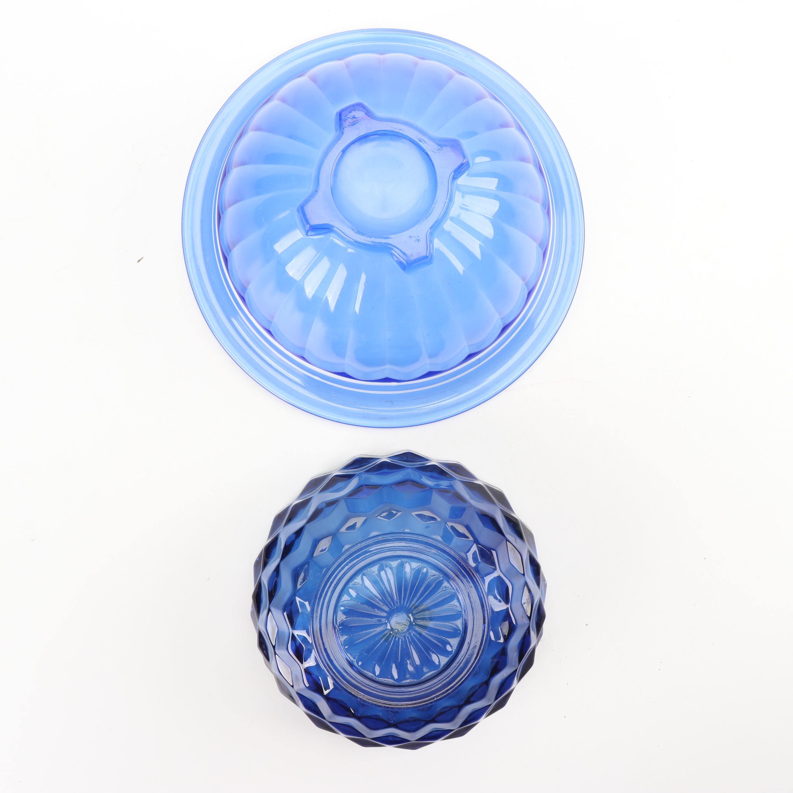 Cobalt Glass Serveware and Oil Lamp featuring Colony, with Hazel Atlas