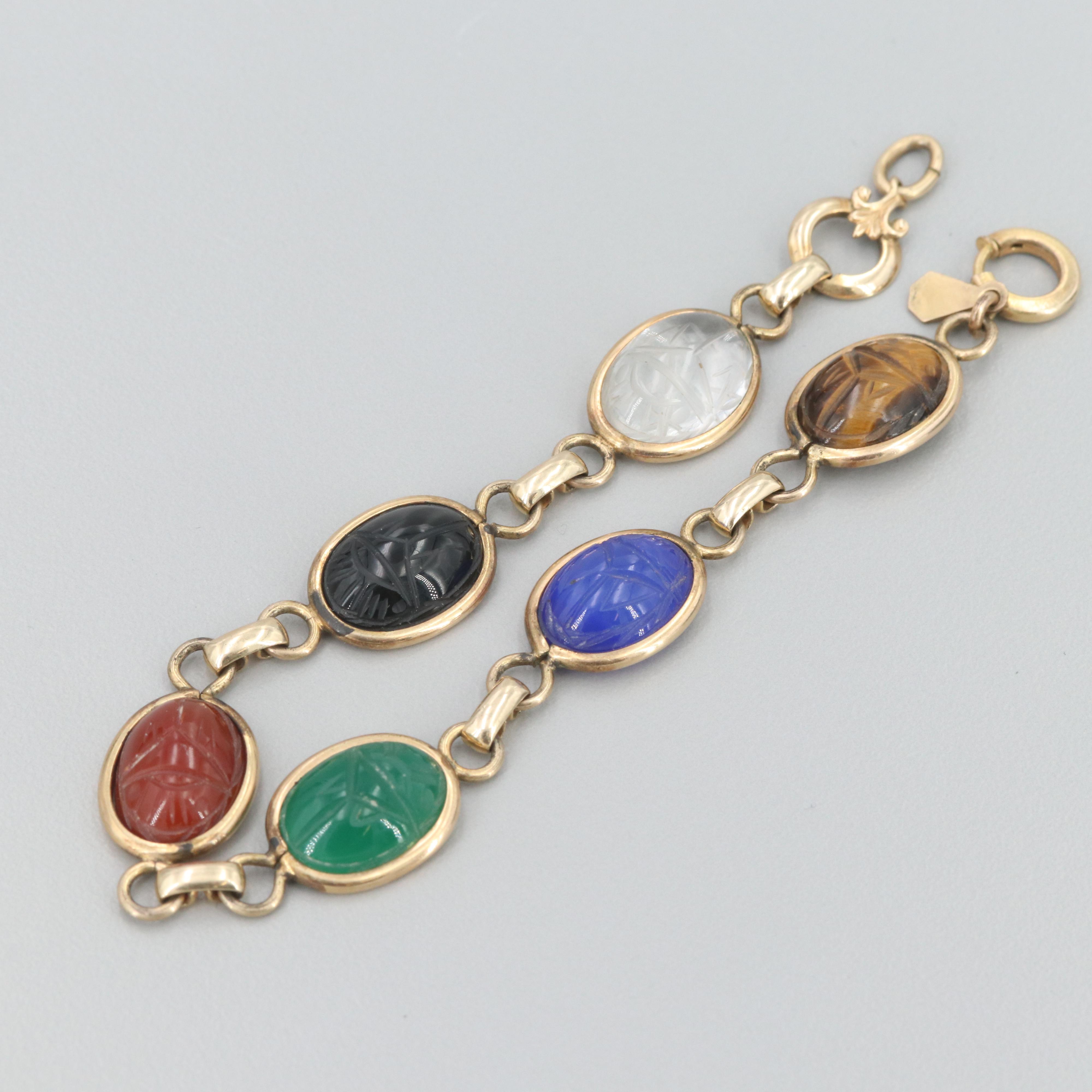 Gold Fill Tiger's Eye, Chalcedony and Cultured Pearl Scarab Bracelets