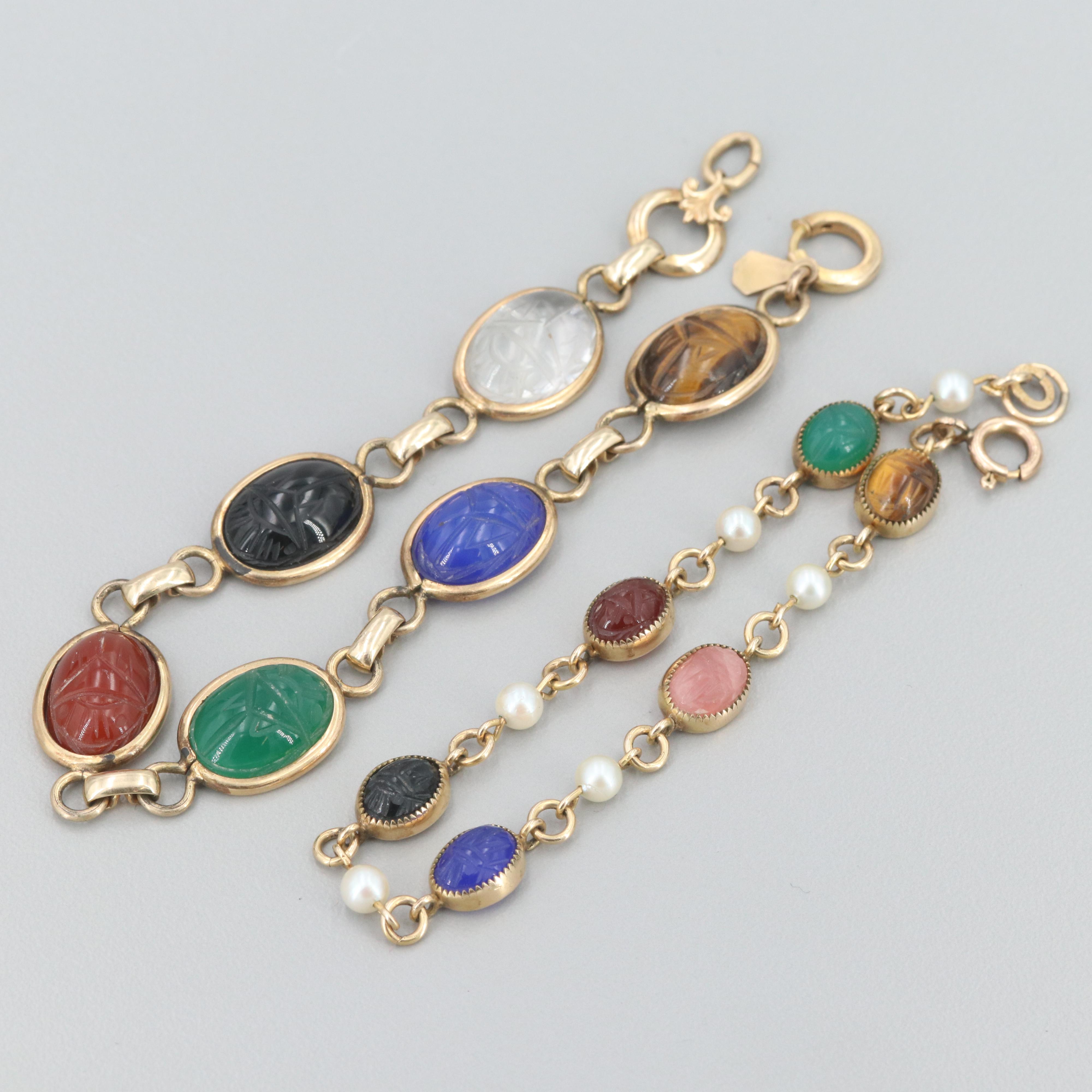 Gold Fill Tiger's Eye, Chalcedony and Cultured Pearl Scarab Bracelets