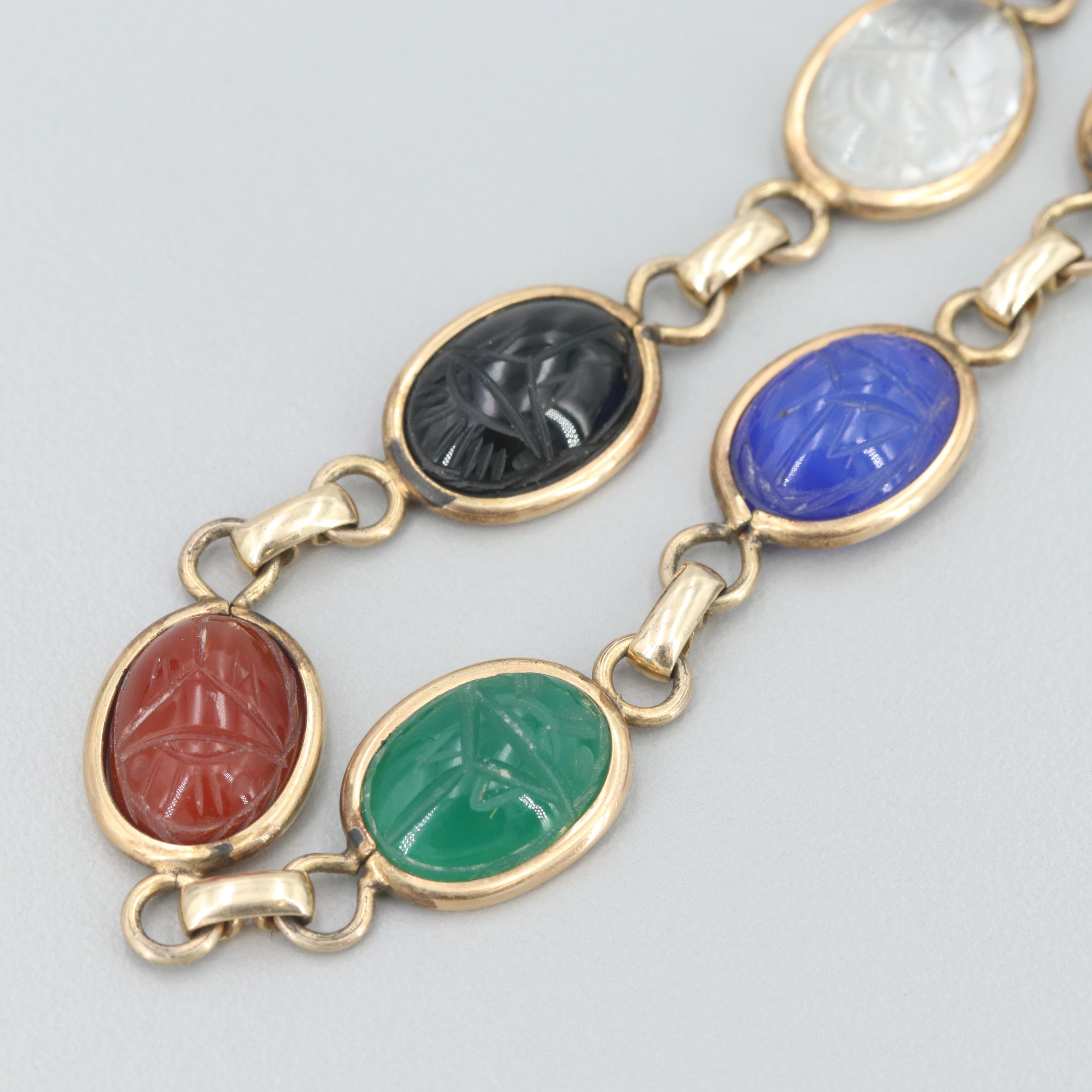 Gold Fill Tiger's Eye, Chalcedony and Cultured Pearl Scarab Bracelets