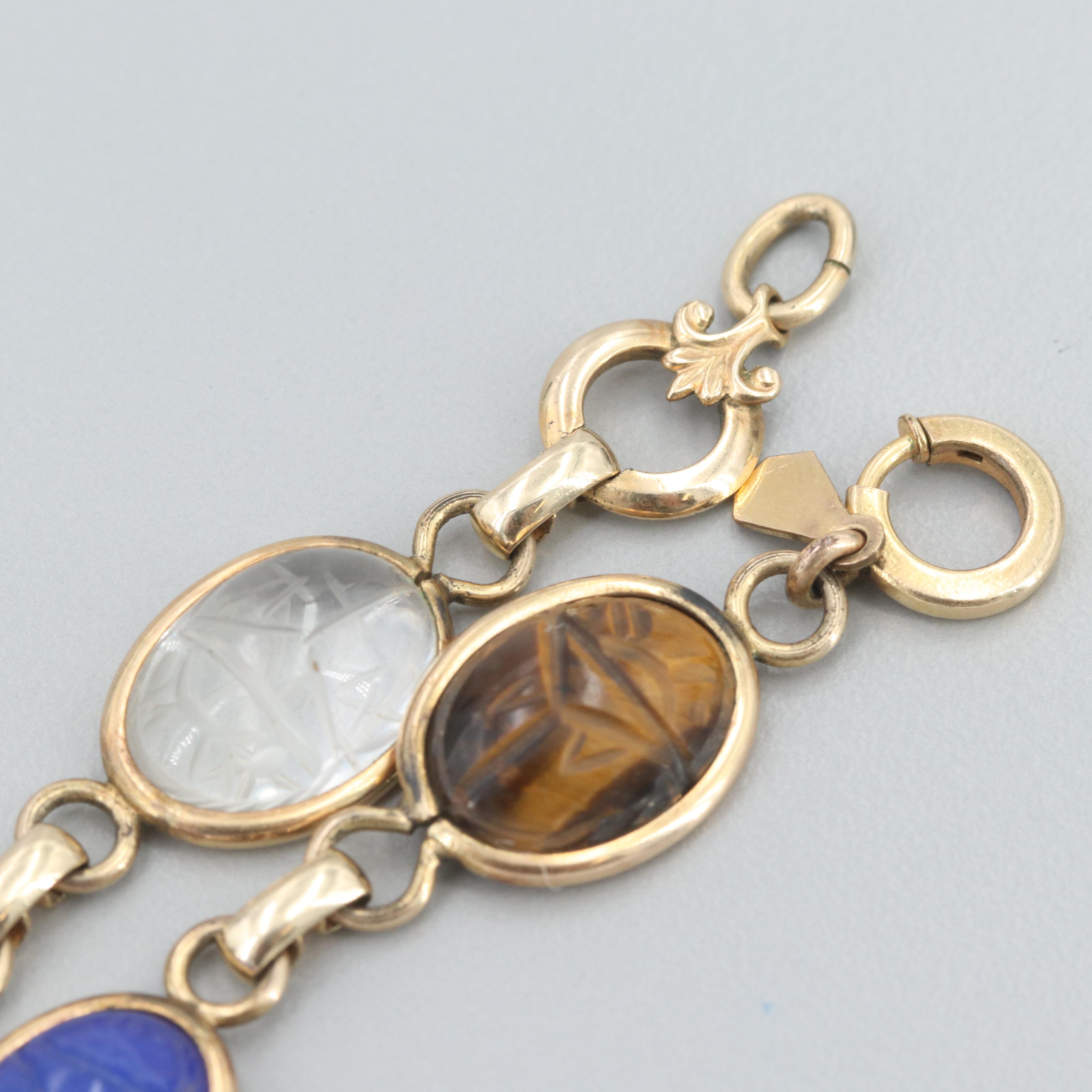 Gold Fill Tiger's Eye, Chalcedony and Cultured Pearl Scarab Bracelets