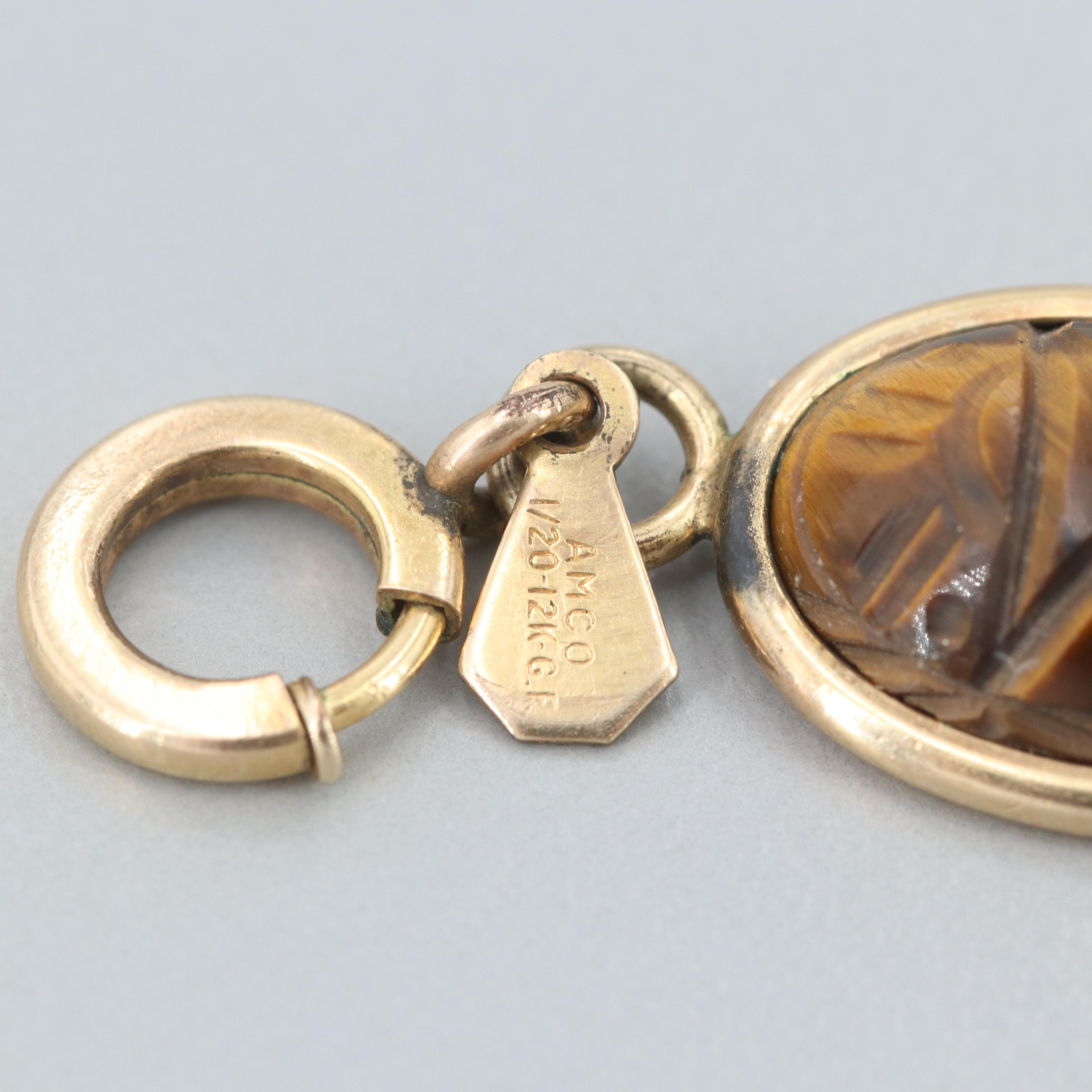 Gold Fill Tiger's Eye, Chalcedony and Cultured Pearl Scarab Bracelets