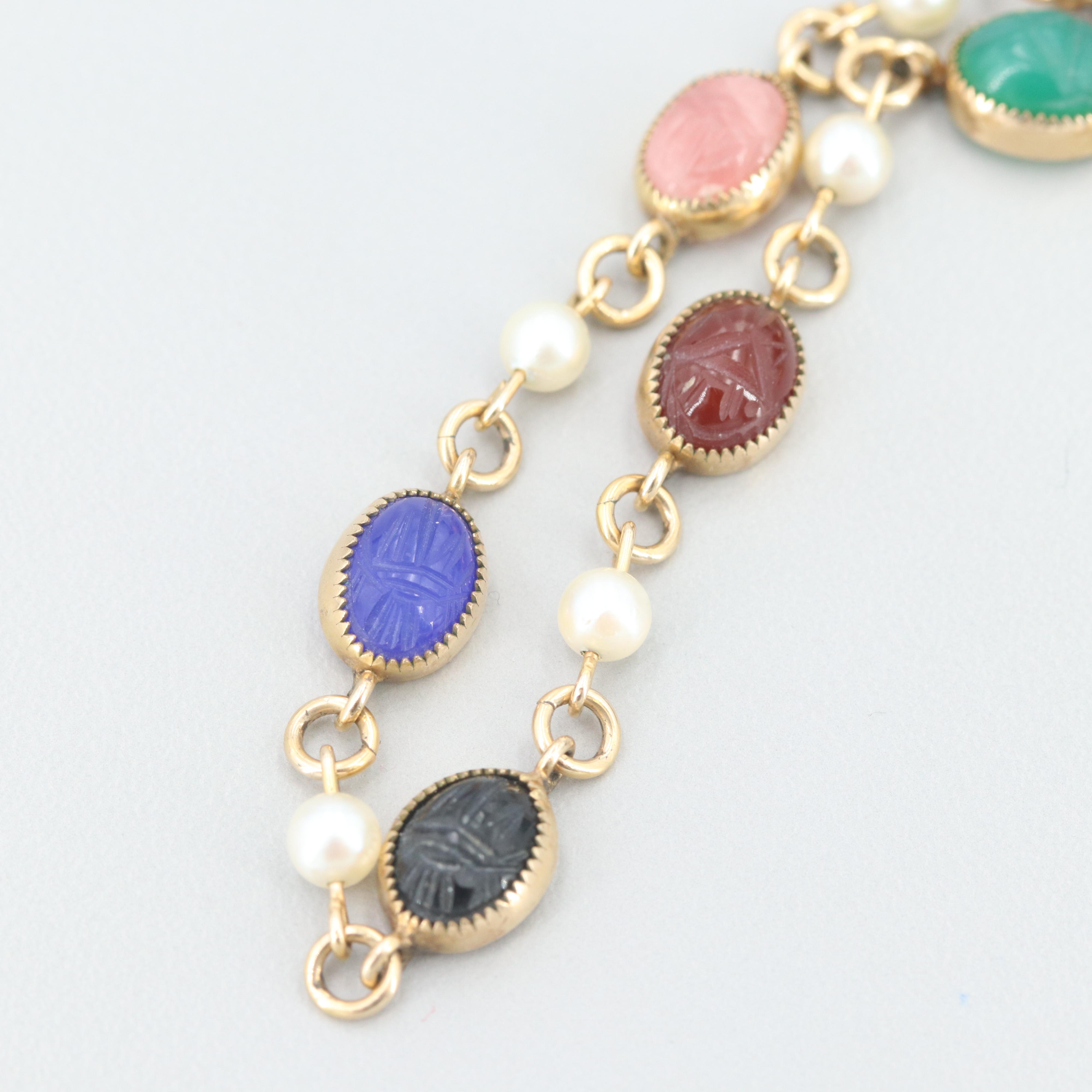 Gold Fill Tiger's Eye, Chalcedony and Cultured Pearl Scarab Bracelets