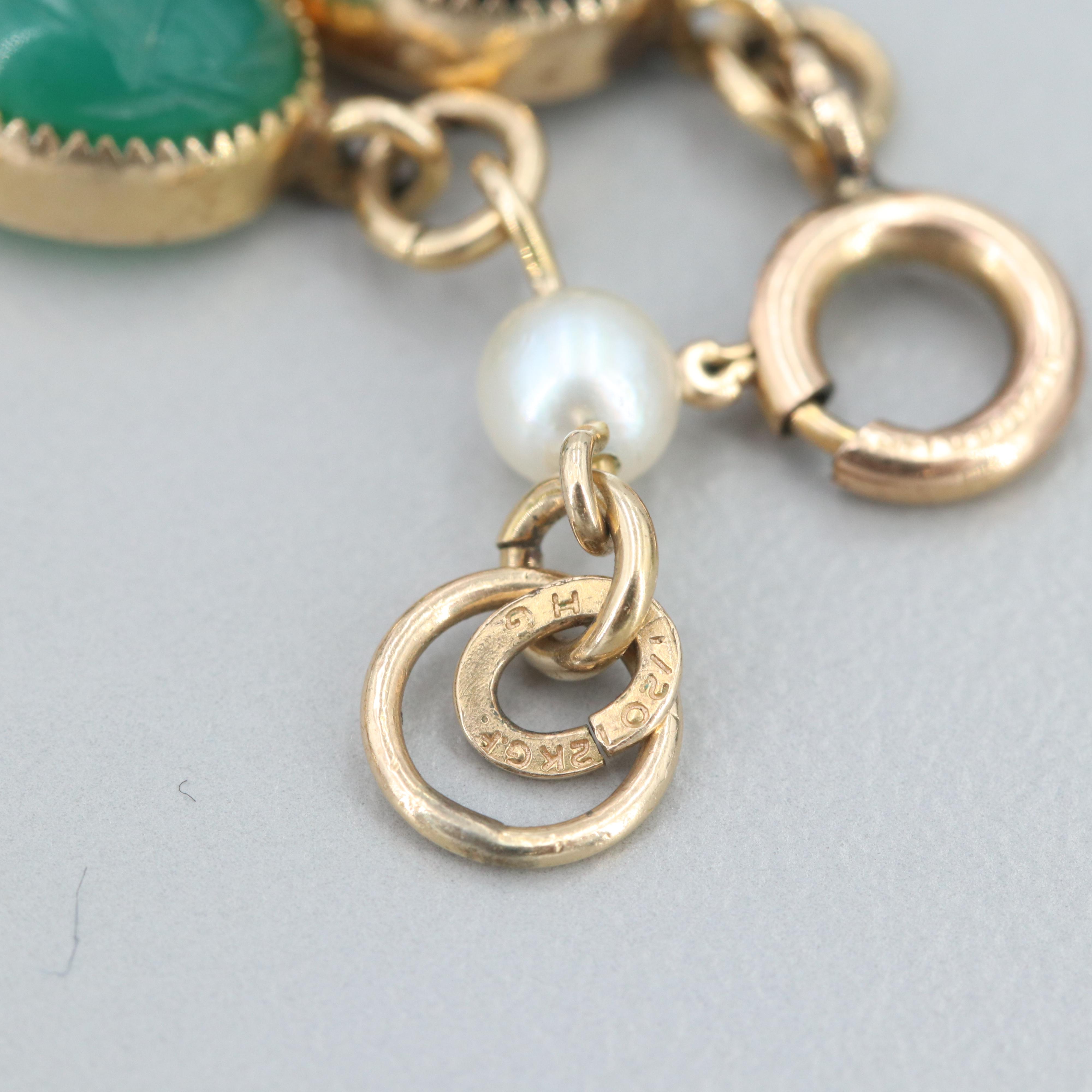 Gold Fill Tiger's Eye, Chalcedony and Cultured Pearl Scarab Bracelets