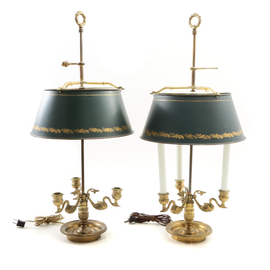 Empire Style Chapman Brass Swan Bouillotte Lamps with Tole Lamp Shades, 1972