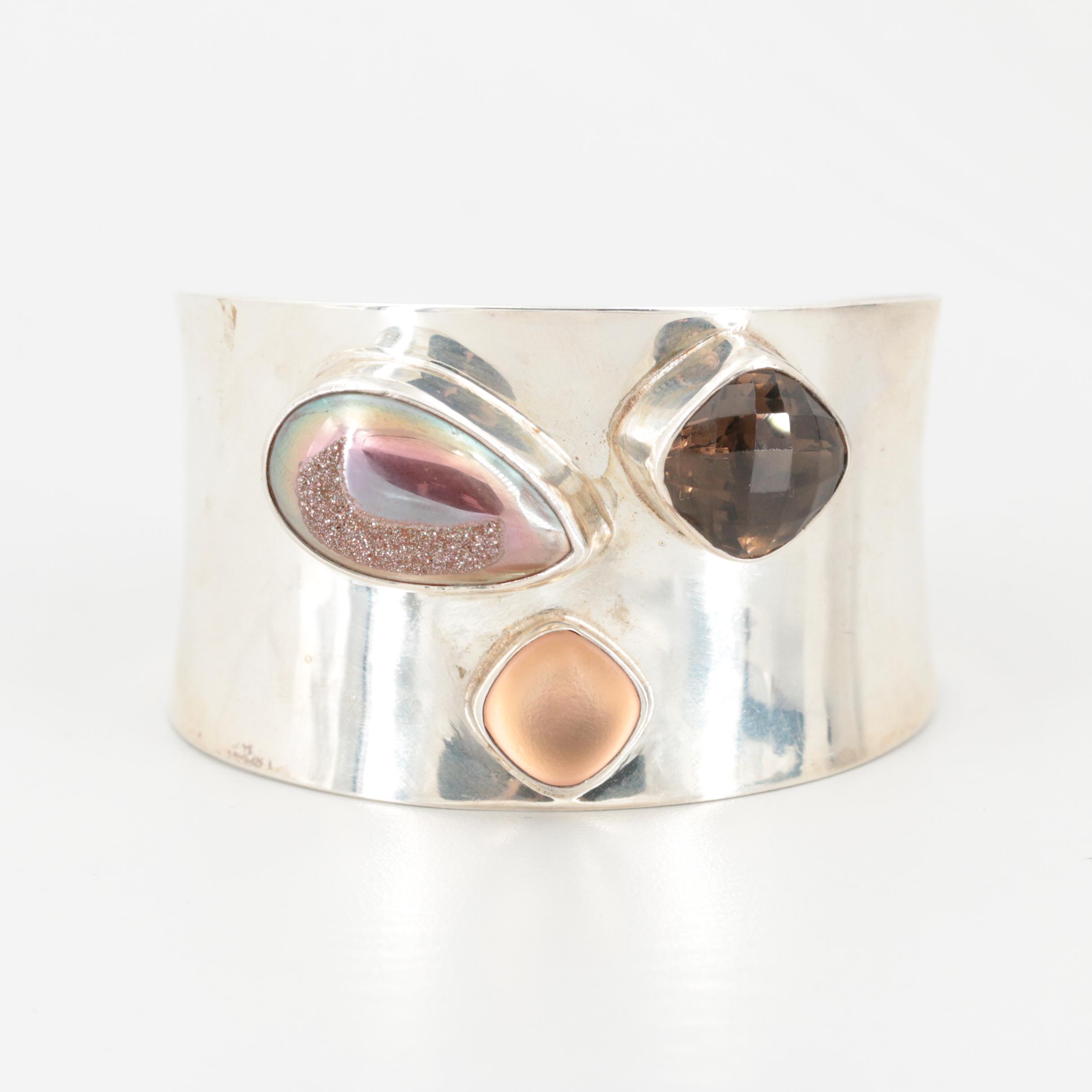 Sterling Silver Smoky Quartz, Druze and Citrine Cuff Bracelet