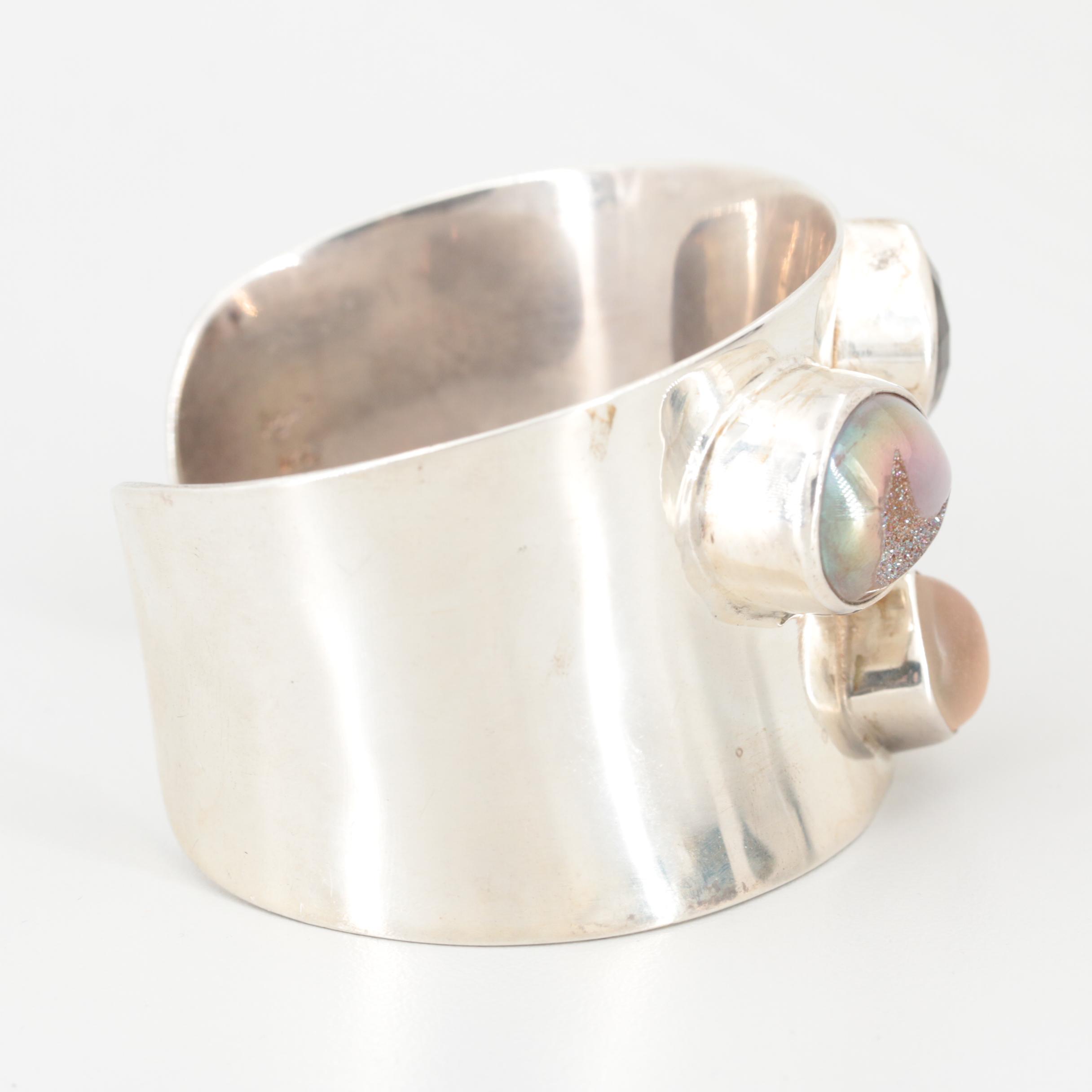 Sterling Silver Smoky Quartz, Druze and Citrine Cuff Bracelet