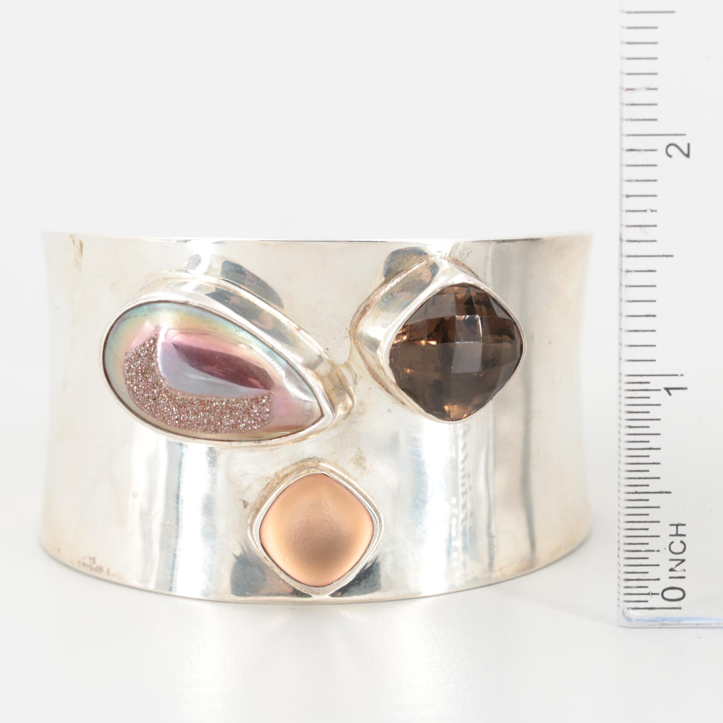 Sterling Silver Smoky Quartz, Druze and Citrine Cuff Bracelet