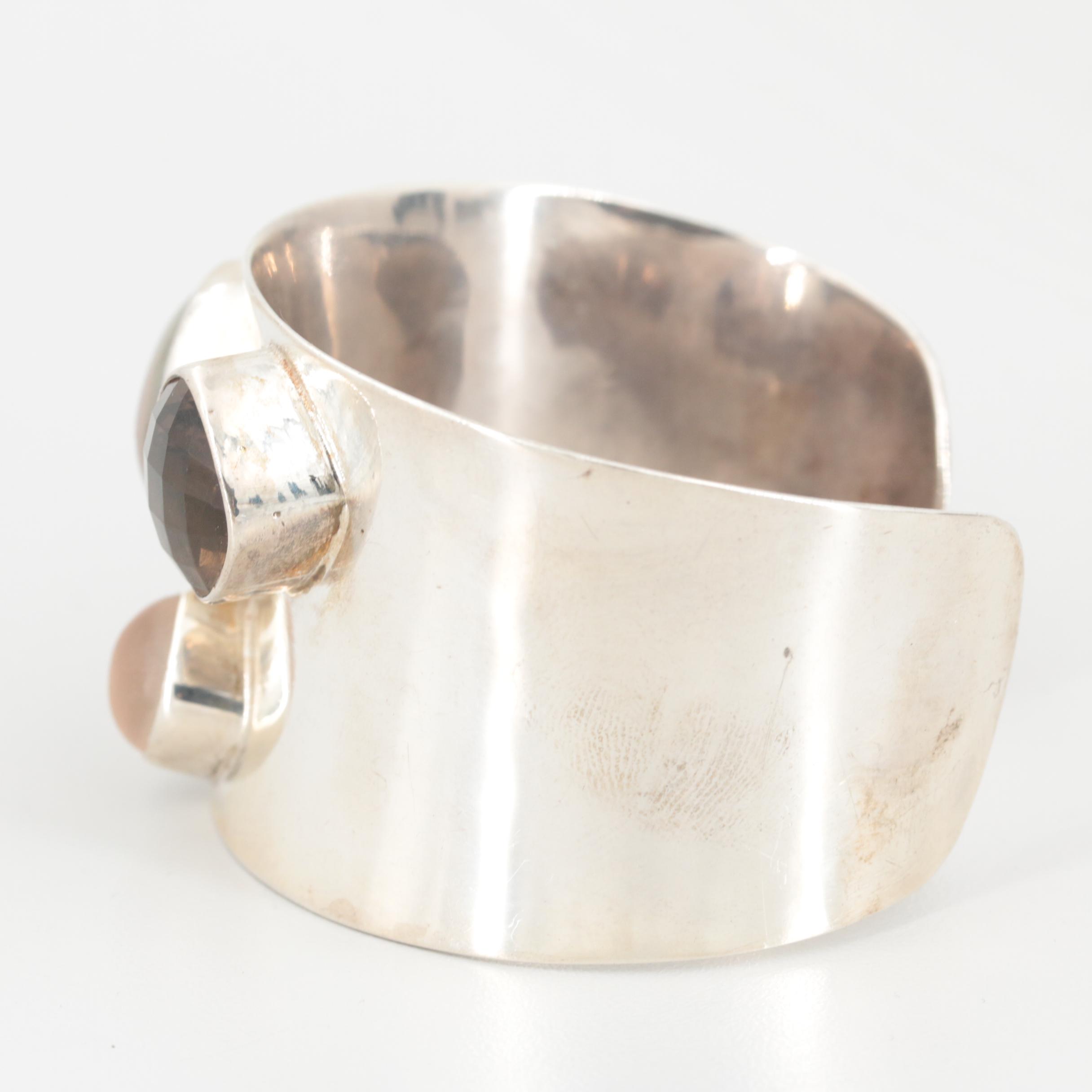 Sterling Silver Smoky Quartz, Druze and Citrine Cuff Bracelet