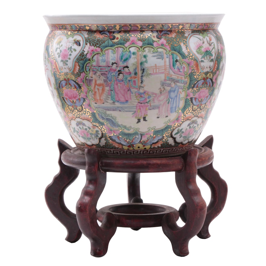Chinese Rose Medallion Ceramic Jardiniere with Carved Wooden Stand