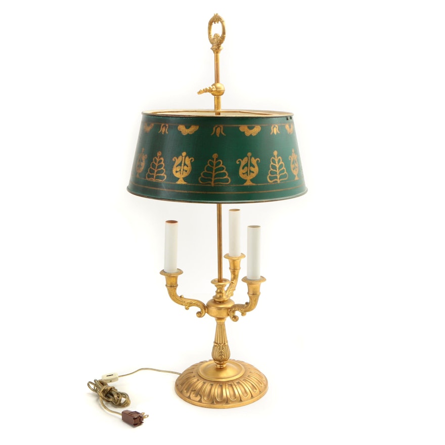 Empire Style Brass Bouillotte Table Lamp with Green and Gilt Tole Lamp Shade