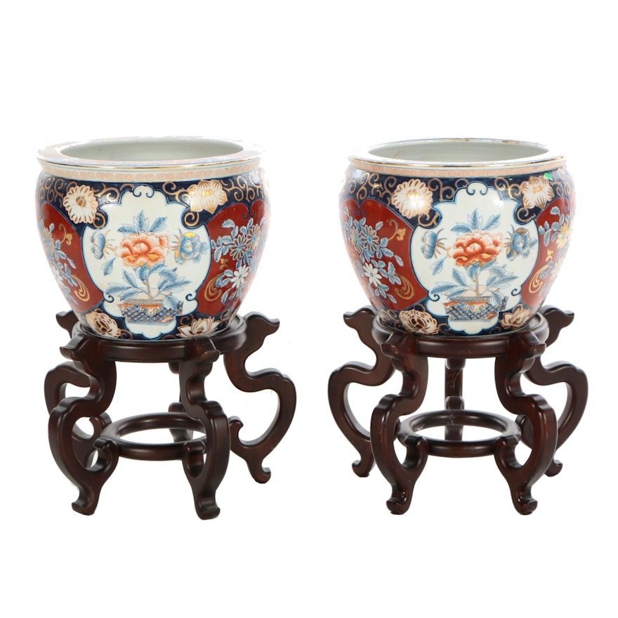 Chinese Hand-Painted Ceramic Fishbowl Jardinieres with Mahogany Stands