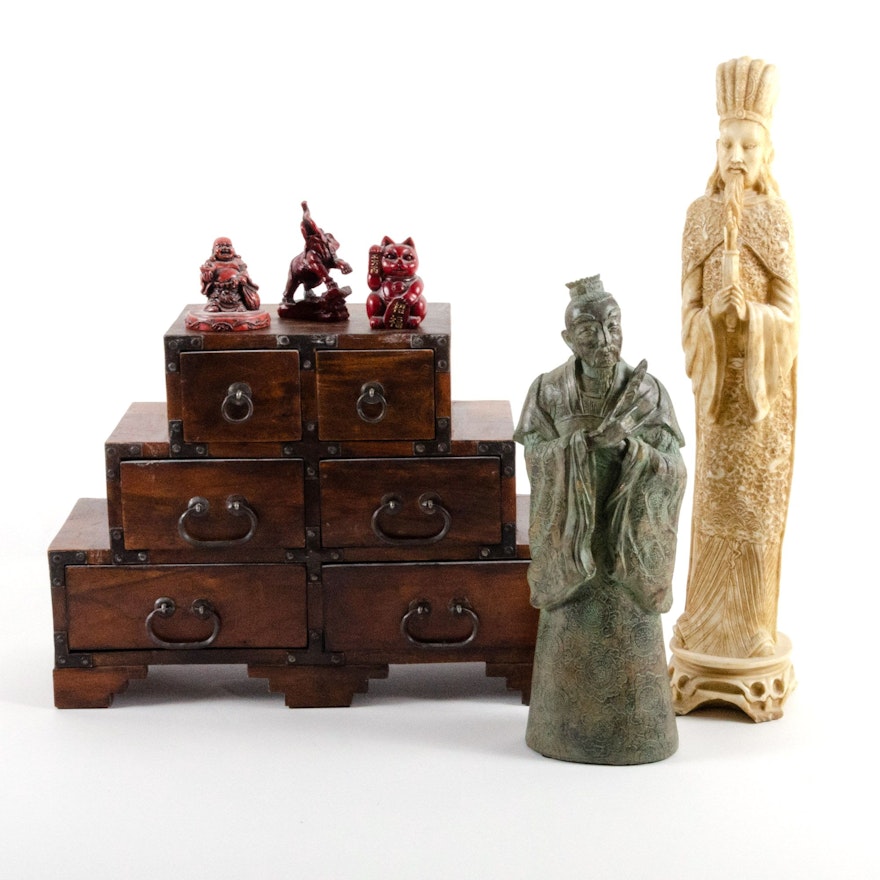 Japanese Tiered Cabinet and Chinese Figurines