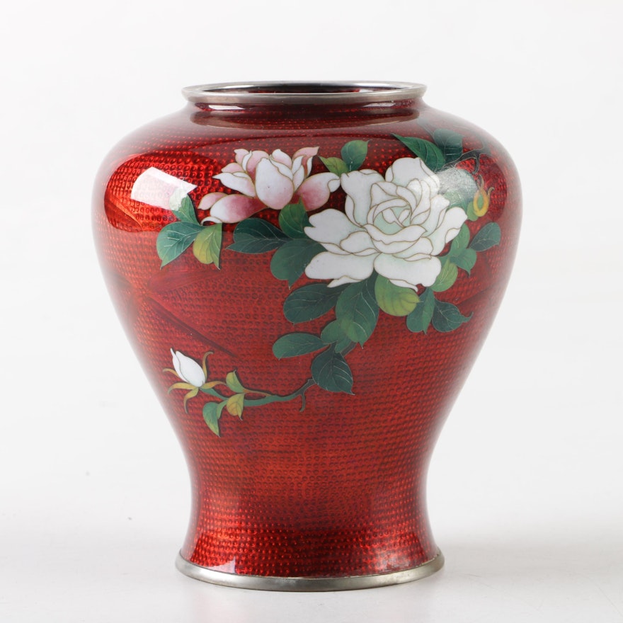 Sato Japanese Ox Blood Cloisonné Vase, Mid-Century