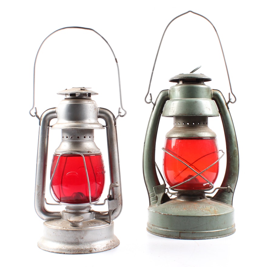 Vintage Kerosene Lanterns with Red Glass Globes