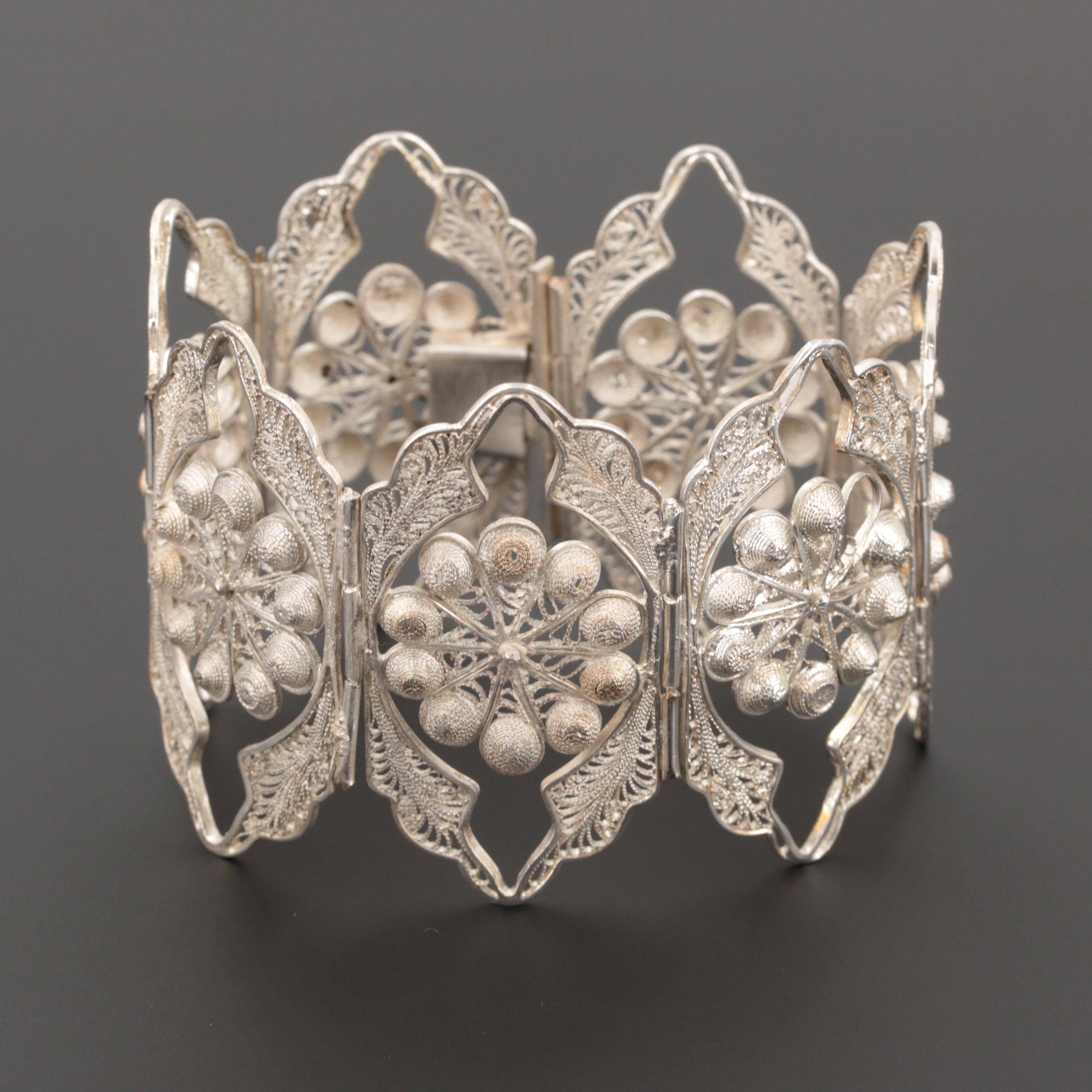 Mexican Sterling Silver Filigree Panel Bracelet