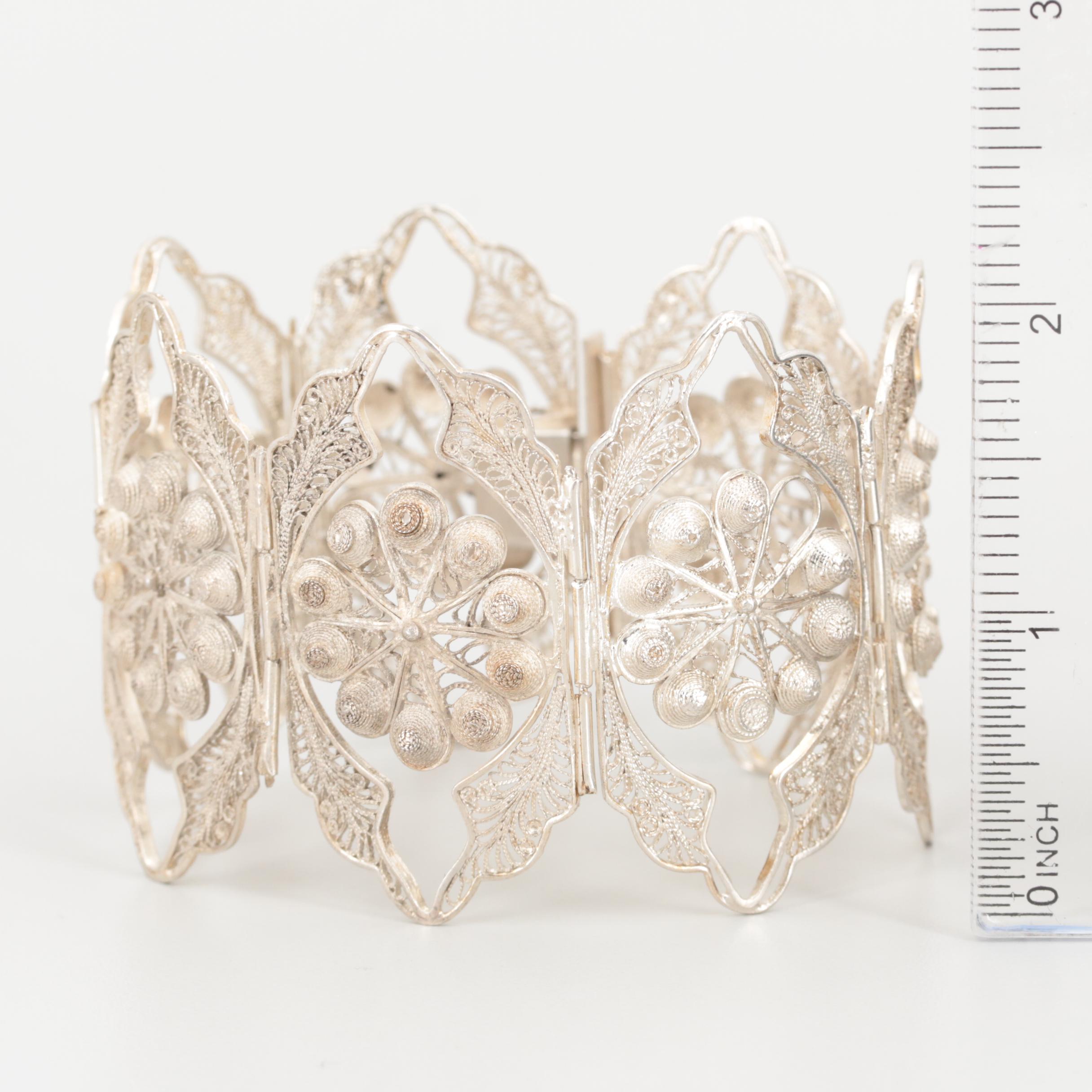 Mexican Sterling Silver Filigree Panel Bracelet