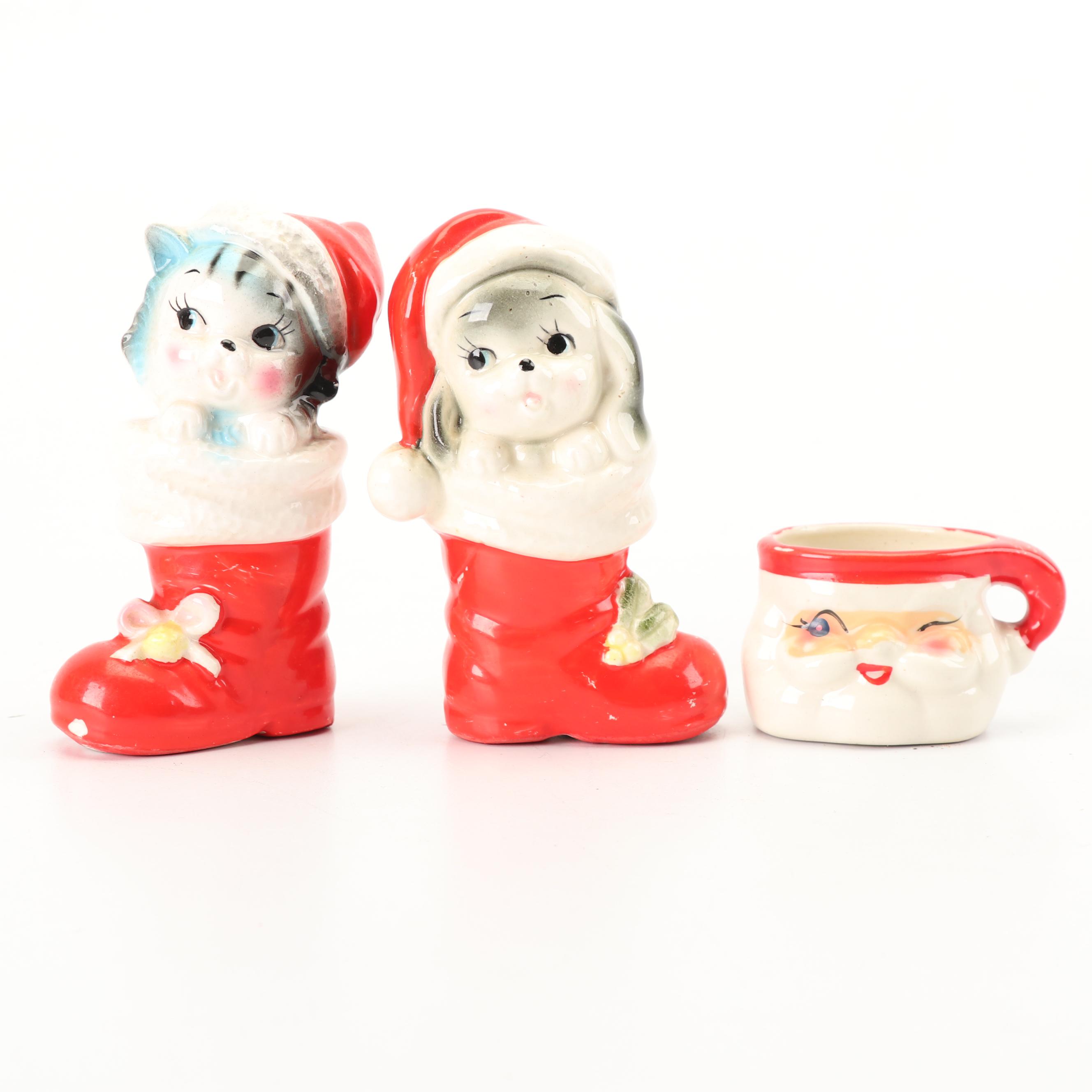 Christmas Themed Ceramic Coin Bank, Salt and Pepper Shakers, and Cup