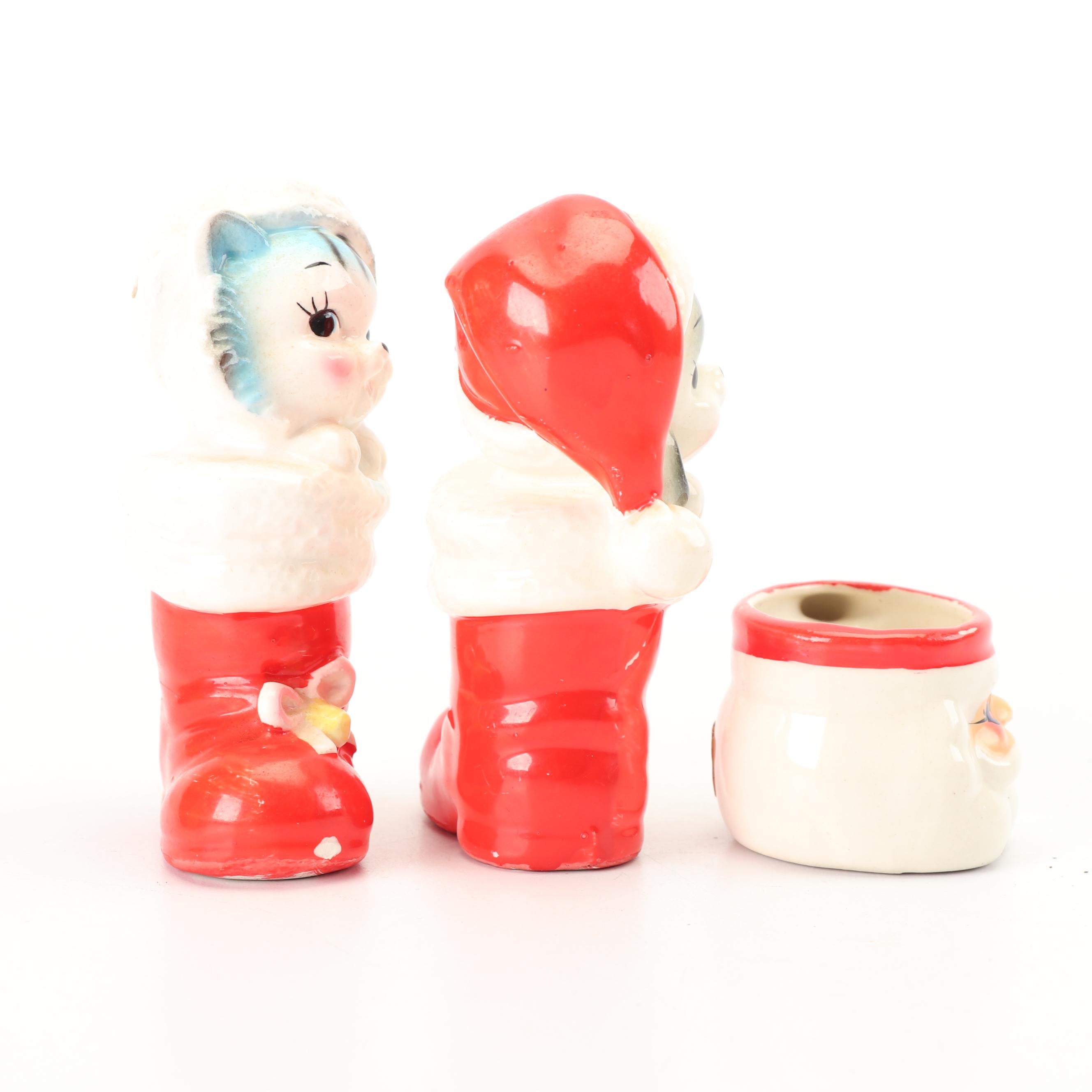 Christmas Themed Ceramic Coin Bank, Salt and Pepper Shakers, and Cup