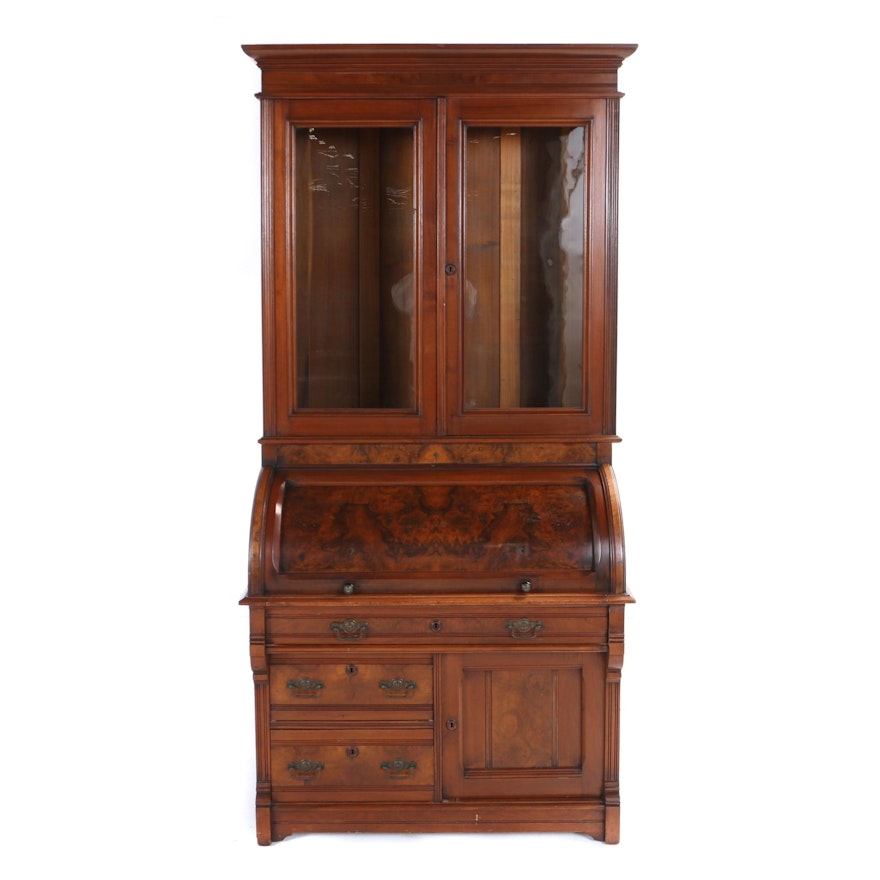 Victorian Walnut and Burl Walnut Cylinder Secretary Bookcase, Late 19th Century