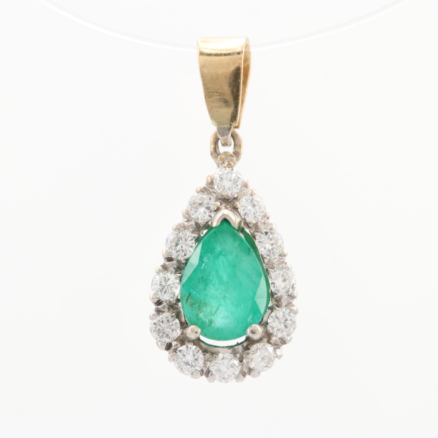 14K Yellow and White Gold Emerald and Diamond Pendant