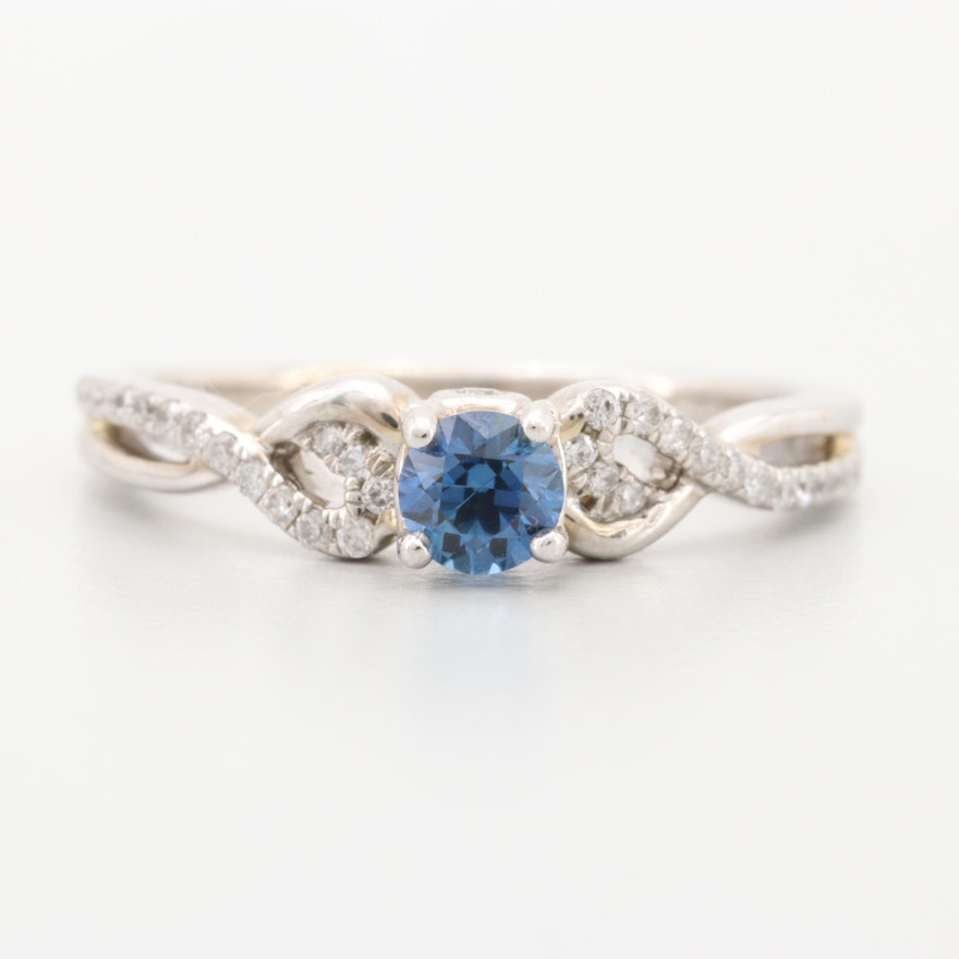 14K White Gold Synthetic Sapphire and Diamond Ring