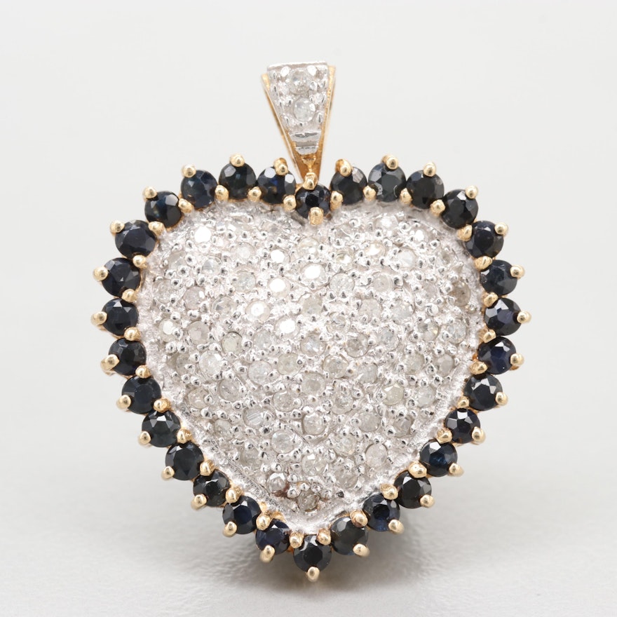 14K Yellow Gold Sapphire And Diamond Heart Pendant