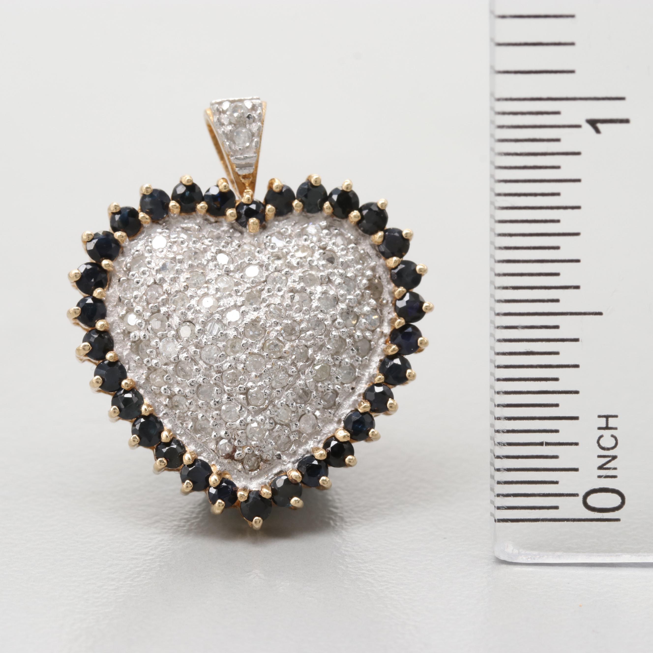 14K Yellow Gold Sapphire And Diamond Heart Pendant