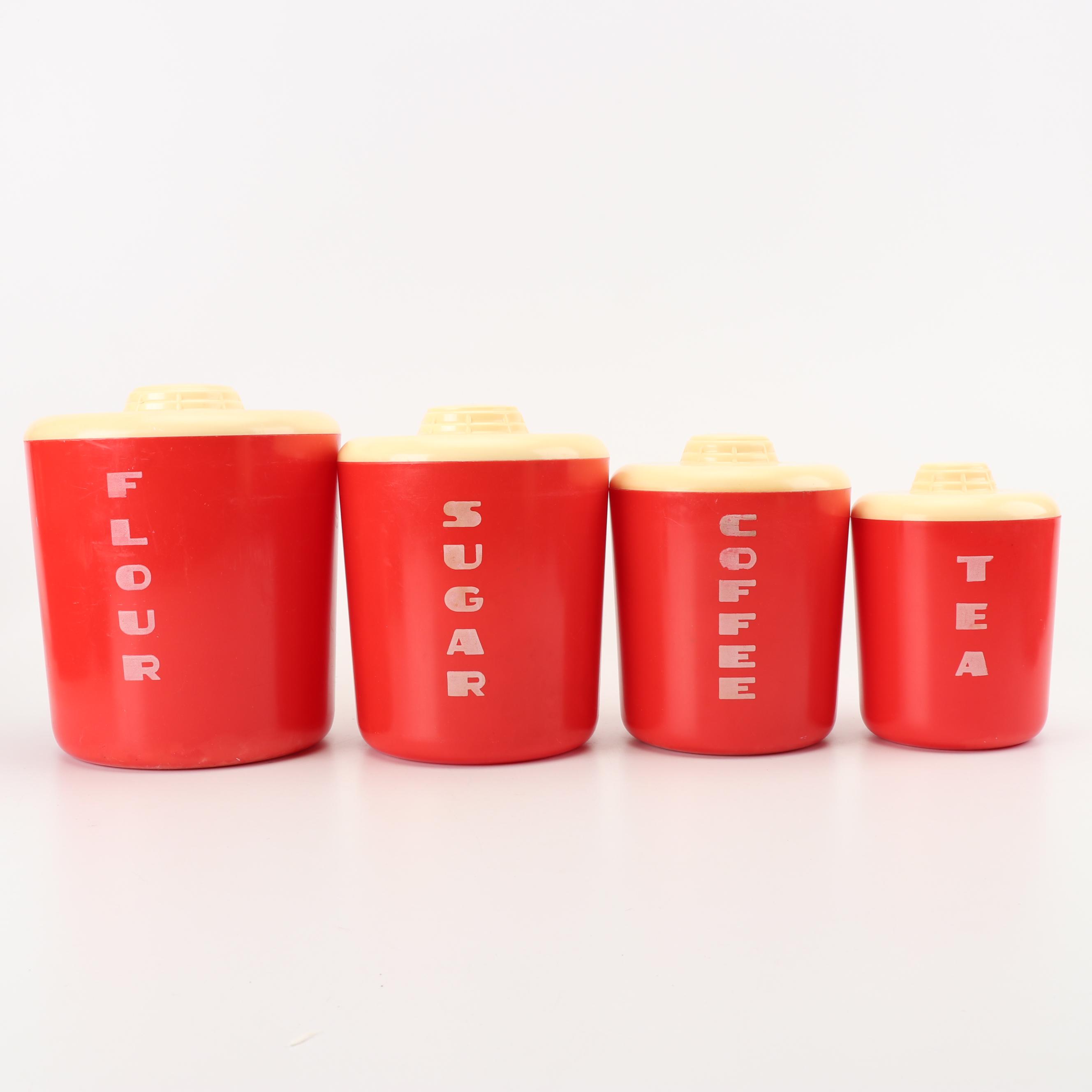 Vintage Red Plastic Kitchen Canisters, Salt and Pepper Shakers and More