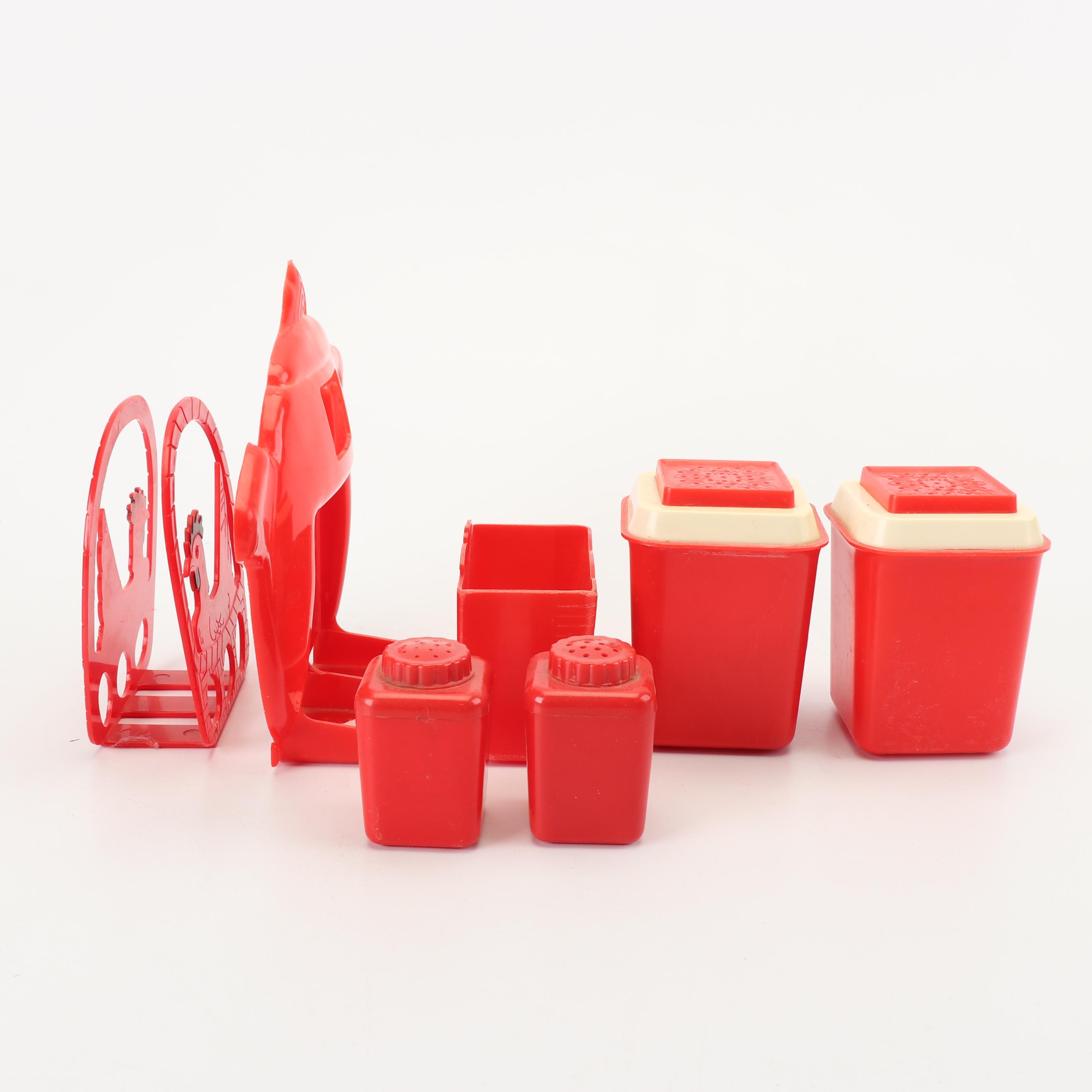 Vintage Red Plastic Kitchen Canisters, Salt and Pepper Shakers and More