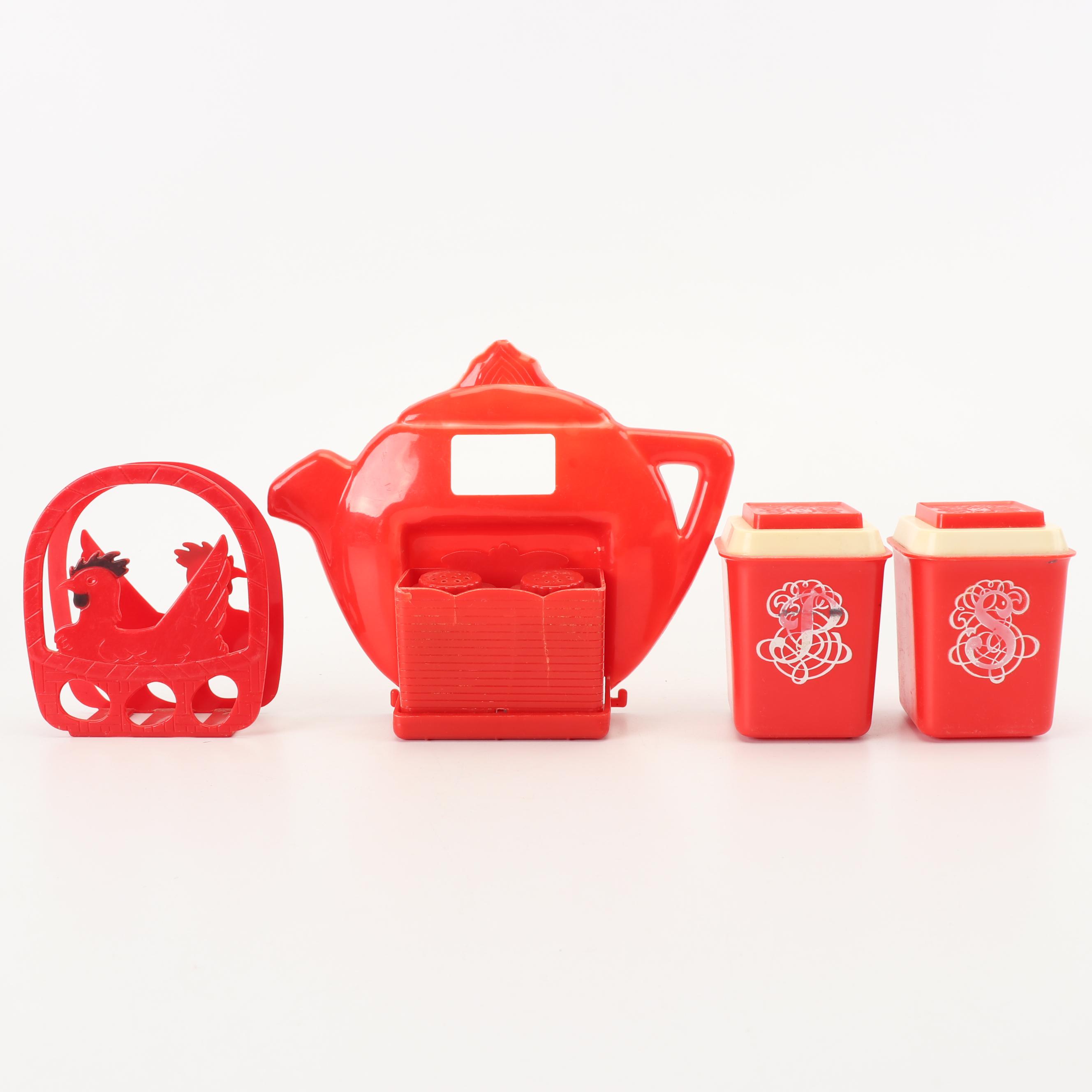 Vintage Red Plastic Kitchen Canisters, Salt and Pepper Shakers and More