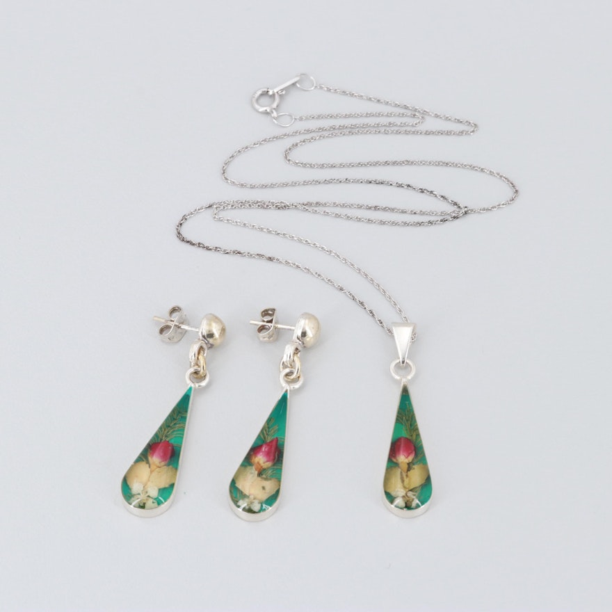 Mexican Sterling Silver Resin Earrings and Necklace with Pendant