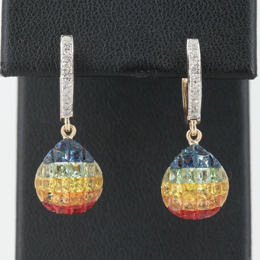 14K Yellow Gold Sapphire and Diamond Rainbow Earrings