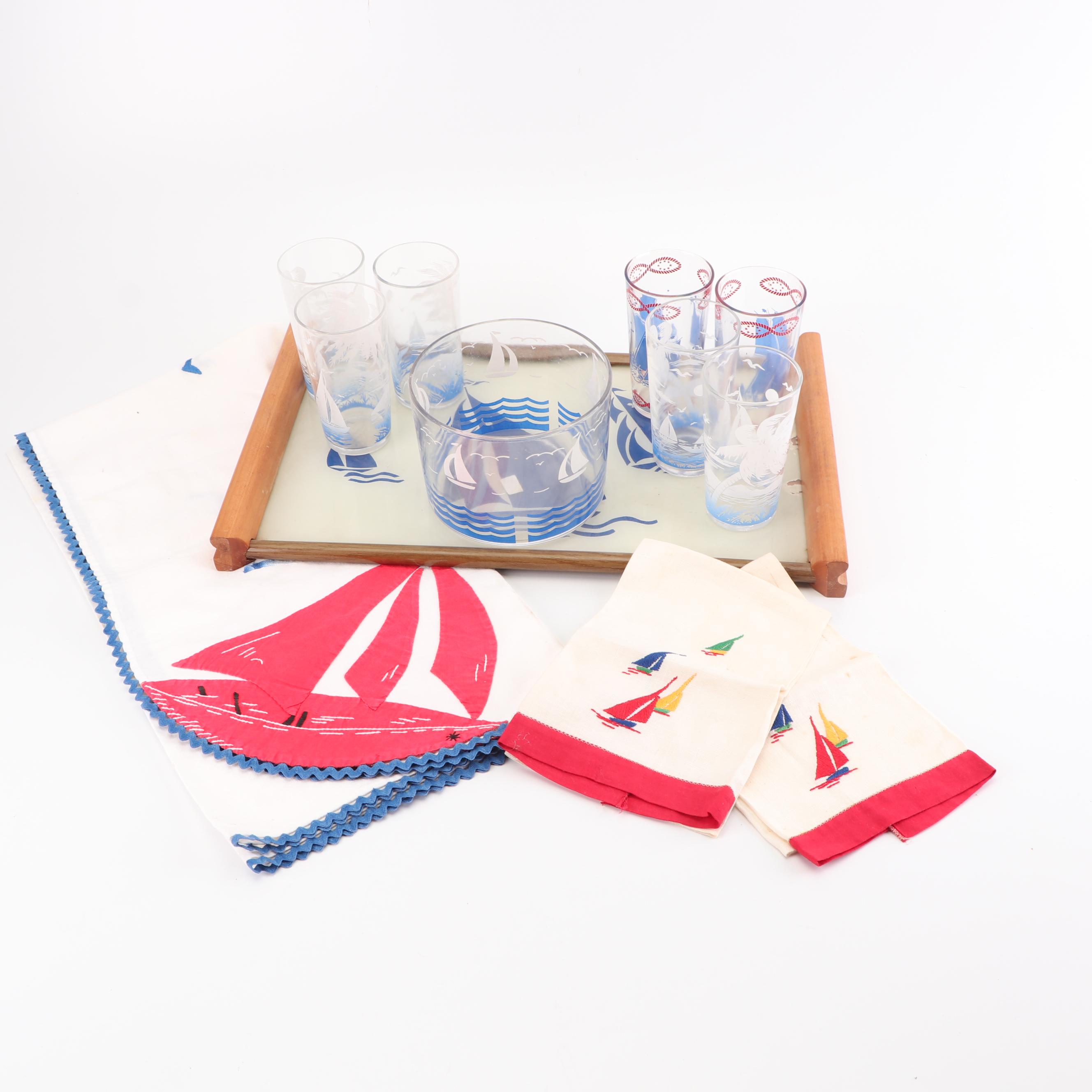 Sailboat Motif Tumbers and Ice Bucket with Linens and Tray, Vintage