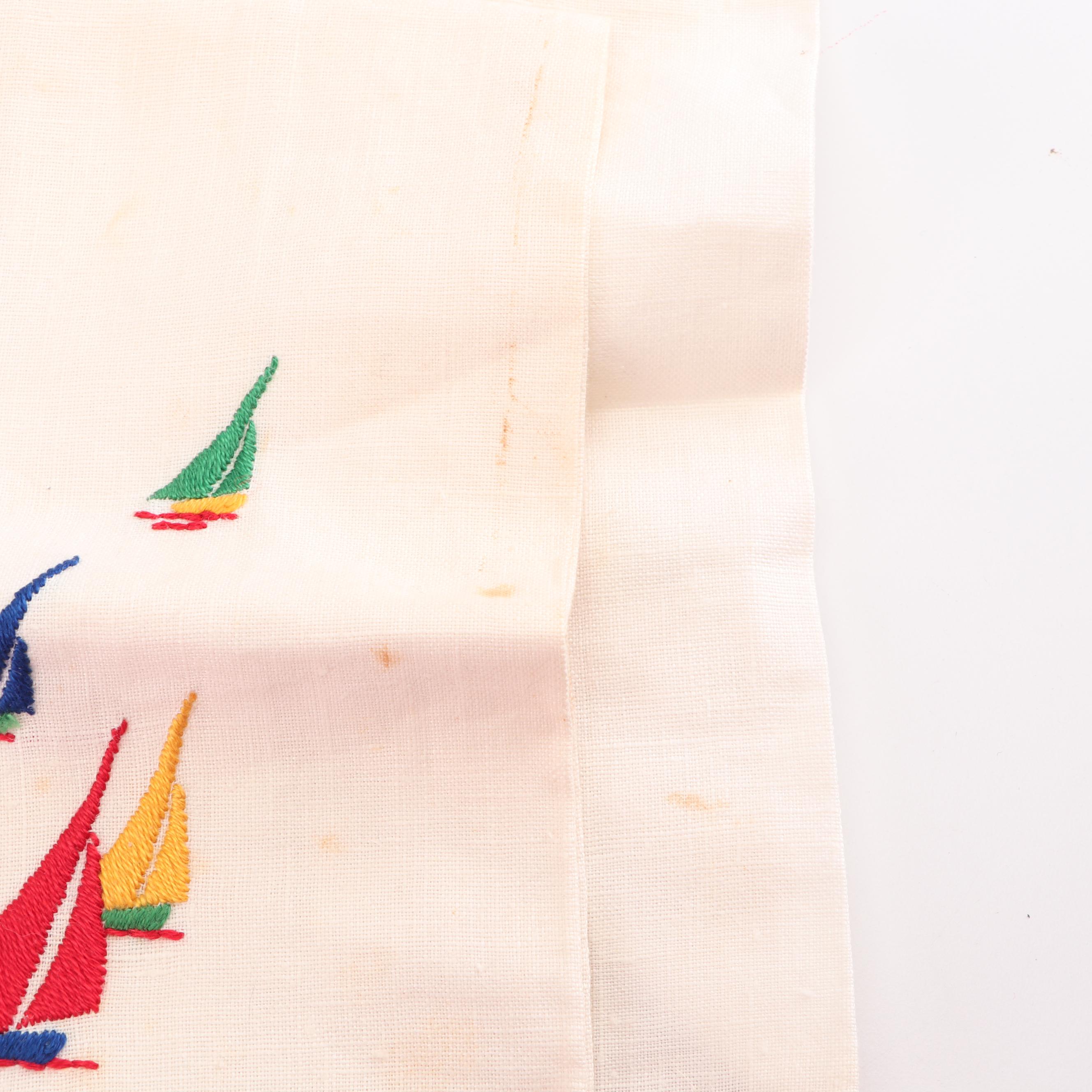 Sailboat Motif Tumbers and Ice Bucket with Linens and Tray, Vintage