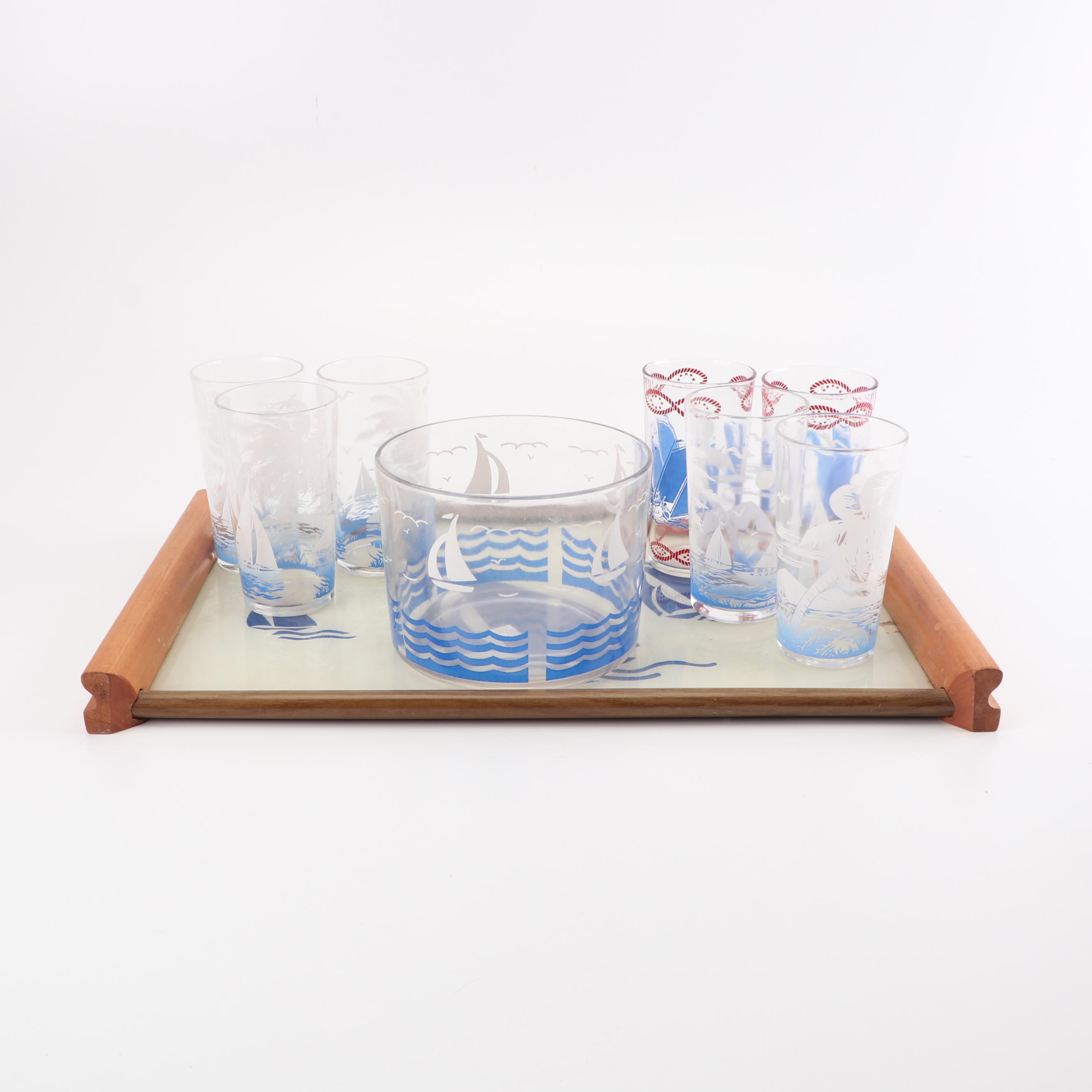 Sailboat Motif Tumbers and Ice Bucket with Linens and Tray, Vintage
