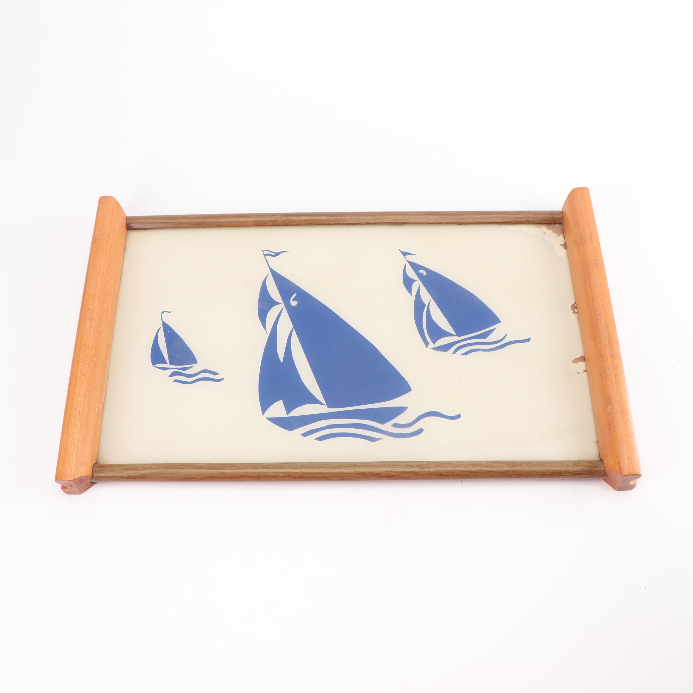 Sailboat Motif Tumbers and Ice Bucket with Linens and Tray, Vintage