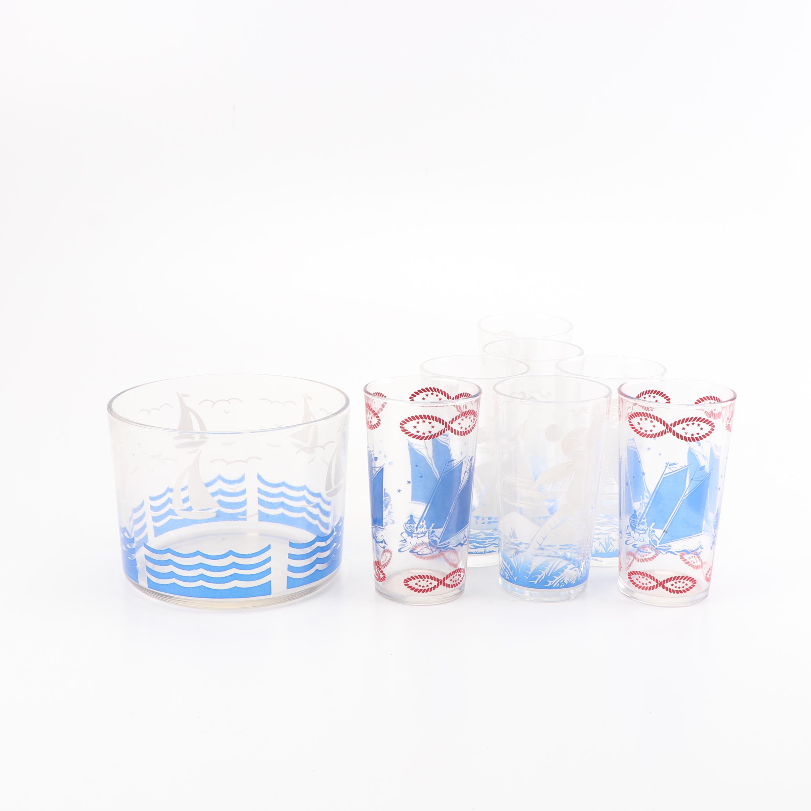 Sailboat Motif Tumbers and Ice Bucket with Linens and Tray, Vintage