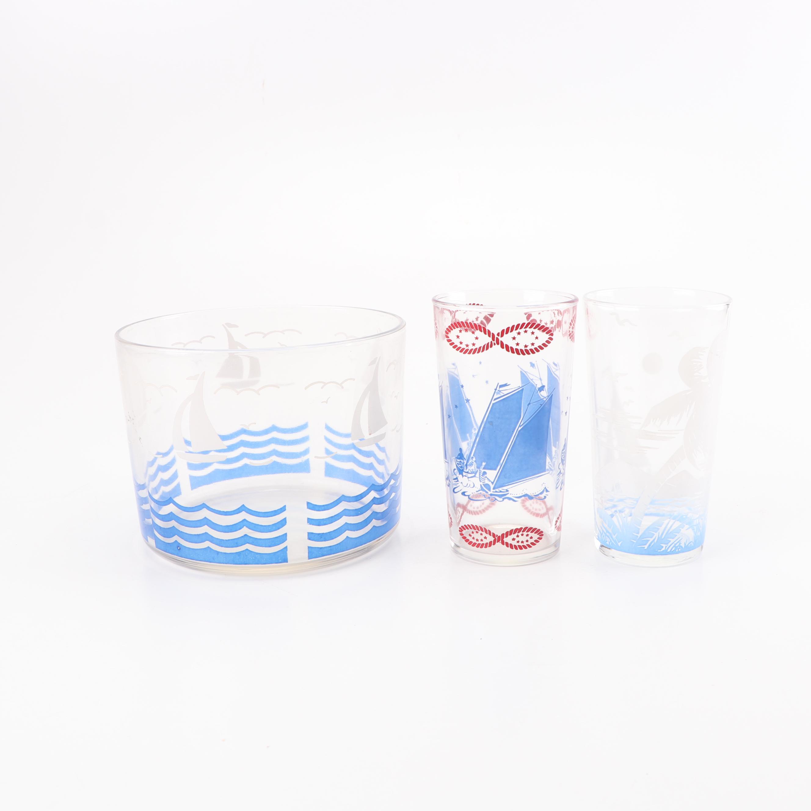 Sailboat Motif Tumbers and Ice Bucket with Linens and Tray, Vintage