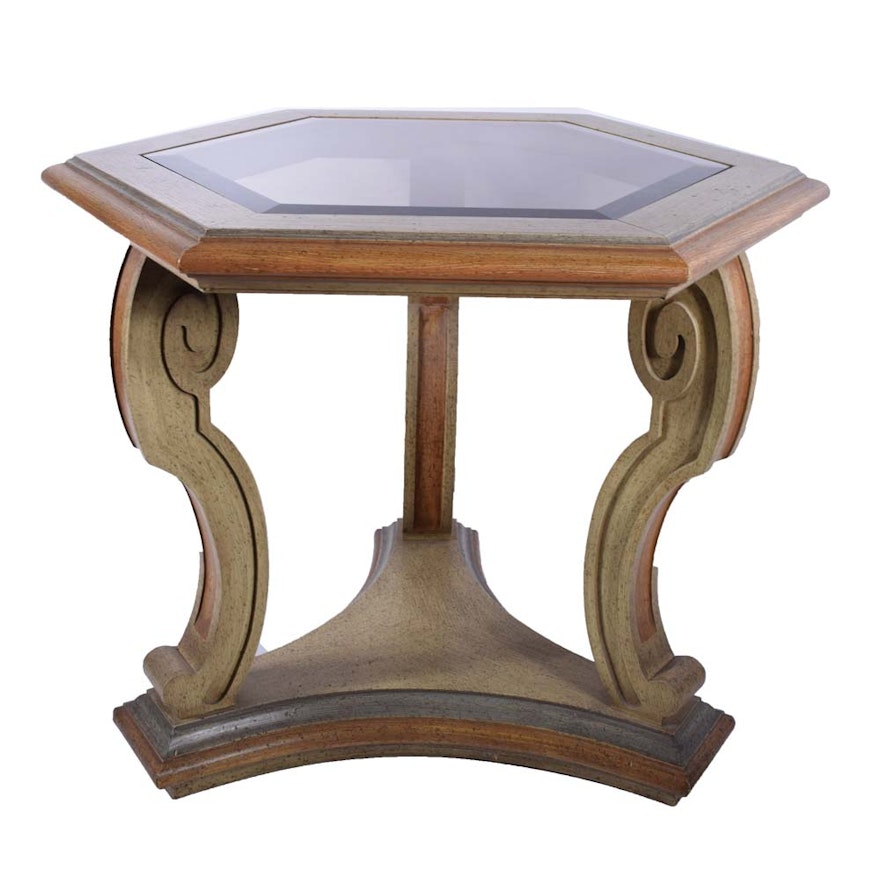 Carved Wood and Beveled Glass Octagonal Accent Table