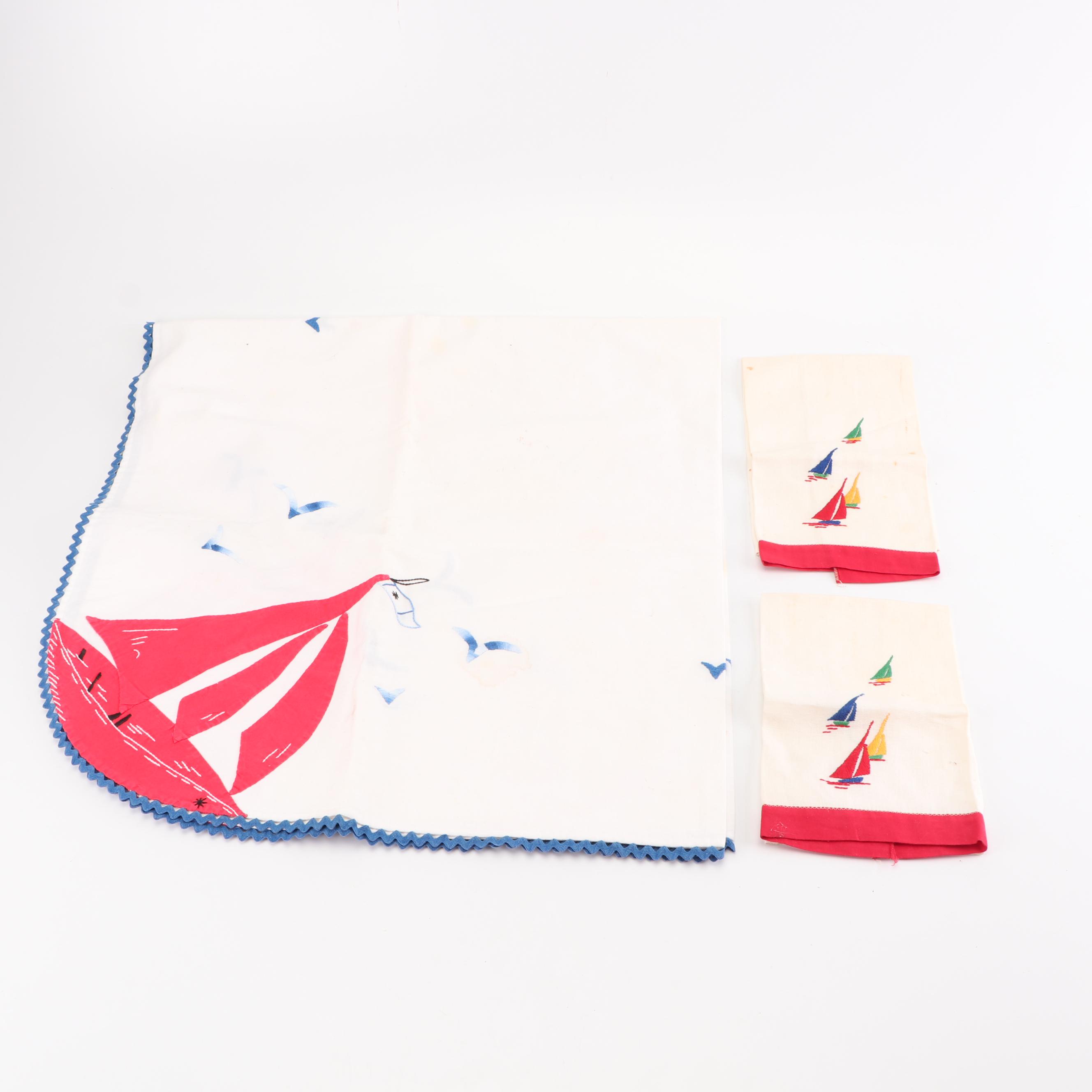 Sailboat Motif Tumbers and Ice Bucket with Linens and Tray, Vintage