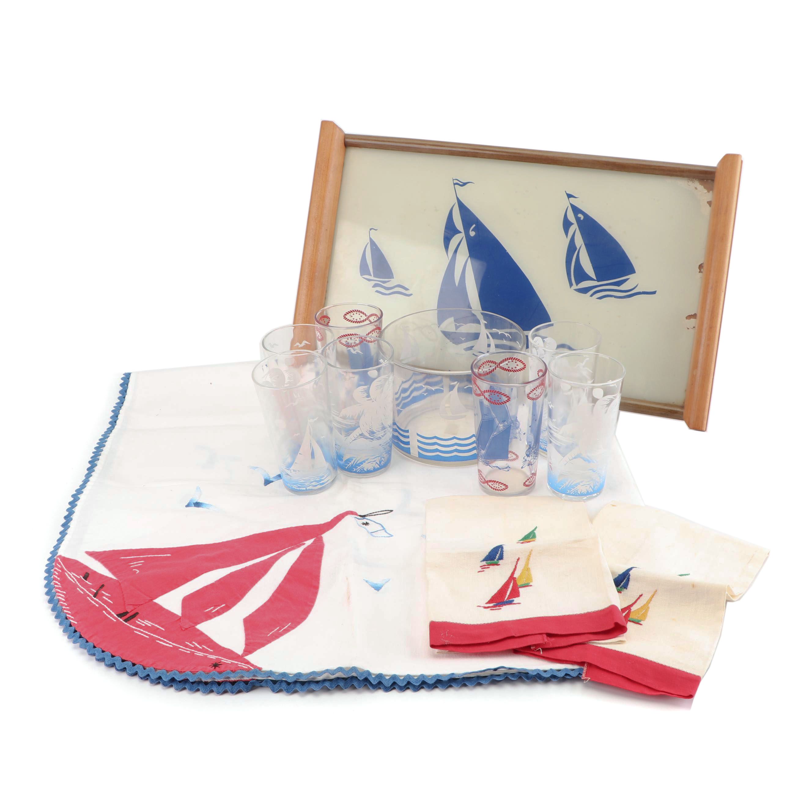 Sailboat Motif Tumbers and Ice Bucket with Linens and Tray, Vintage