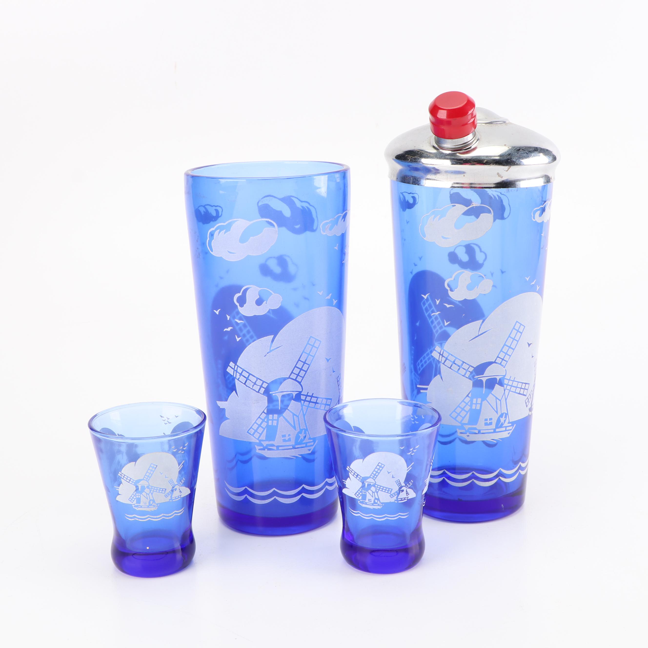 Hazel-Atlas "Windmill" Cocktail Shaker and Glasses, Mid-Century