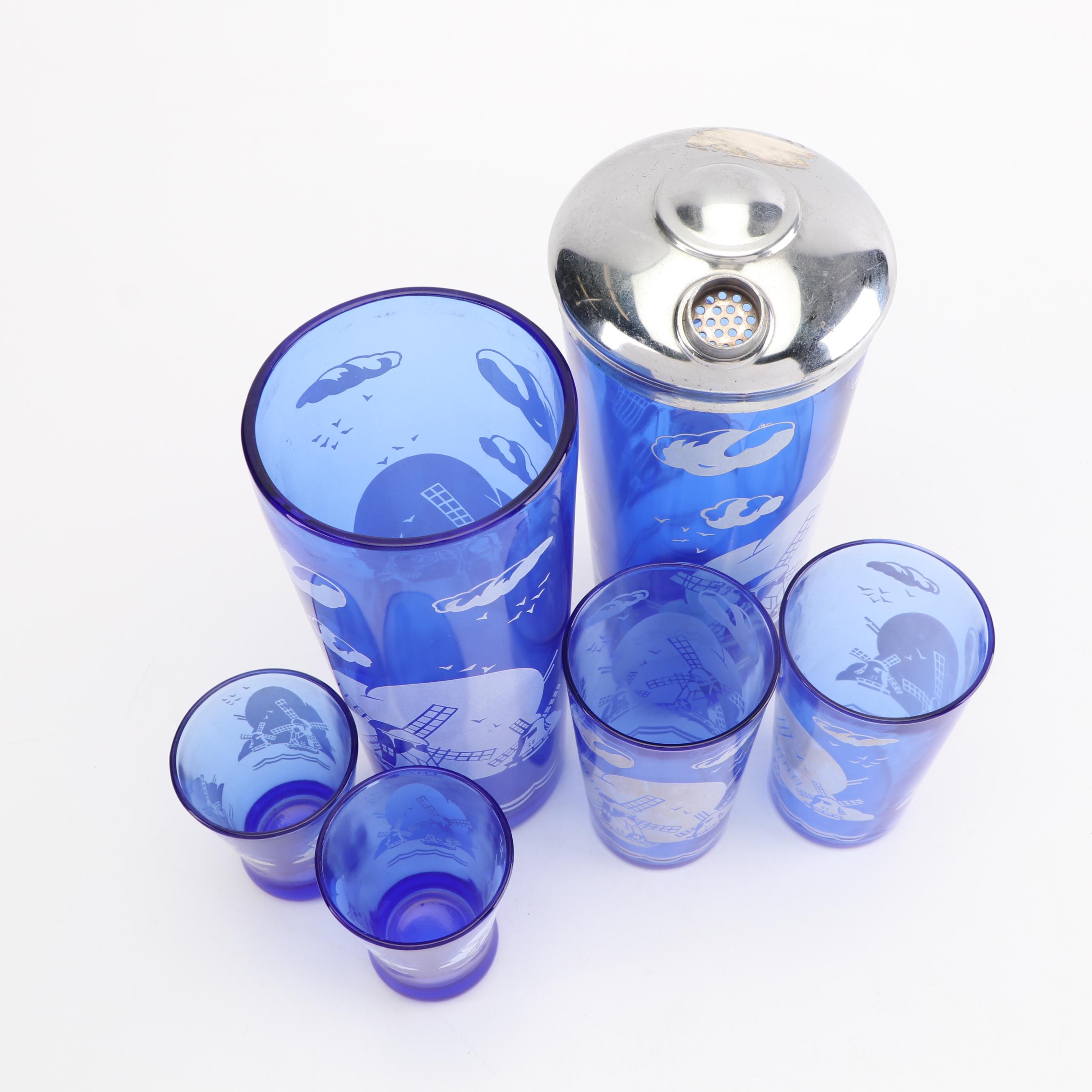 Hazel-Atlas "Windmill" Cocktail Shaker and Glasses, Mid-Century