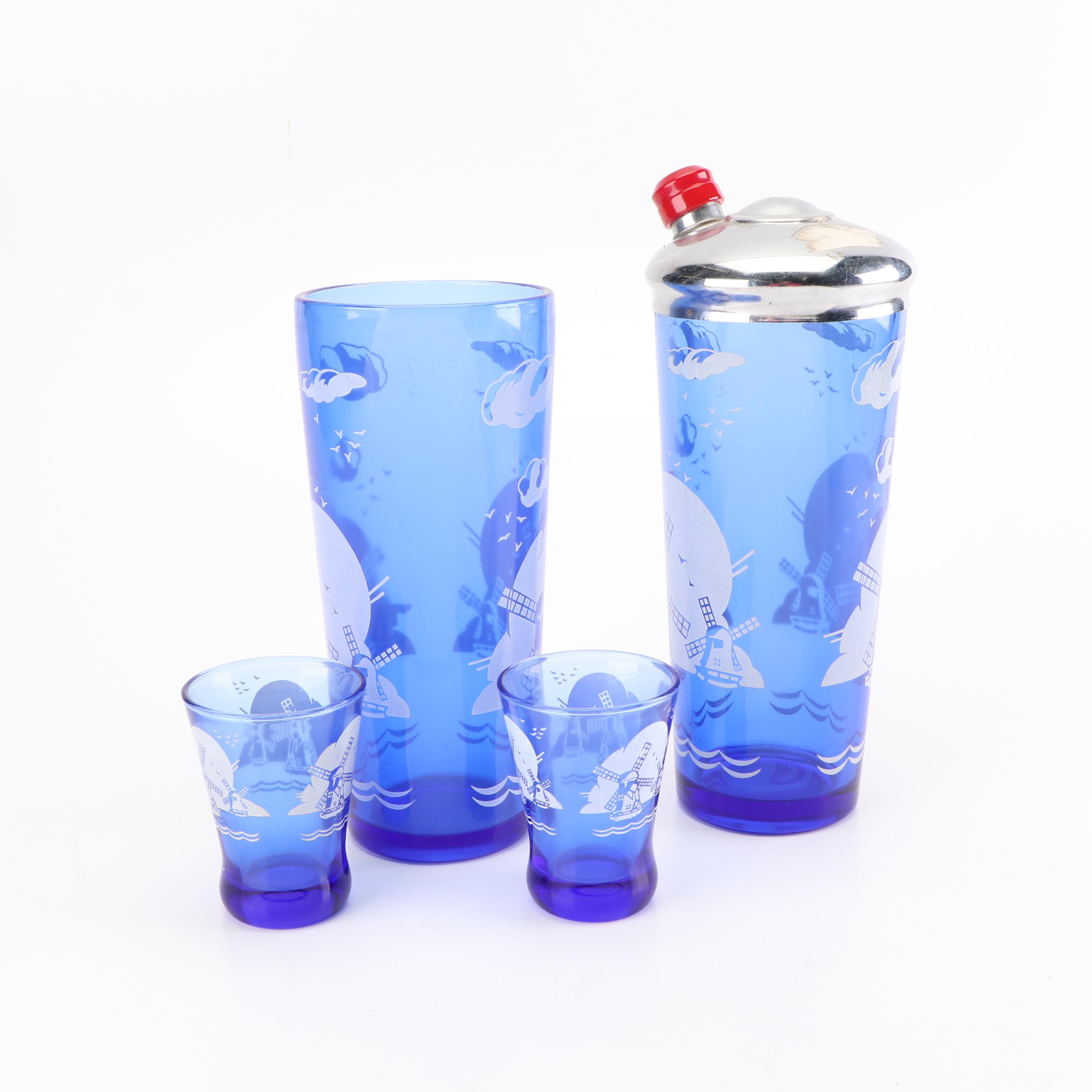 Hazel-Atlas "Windmill" Cocktail Shaker and Glasses, Mid-Century