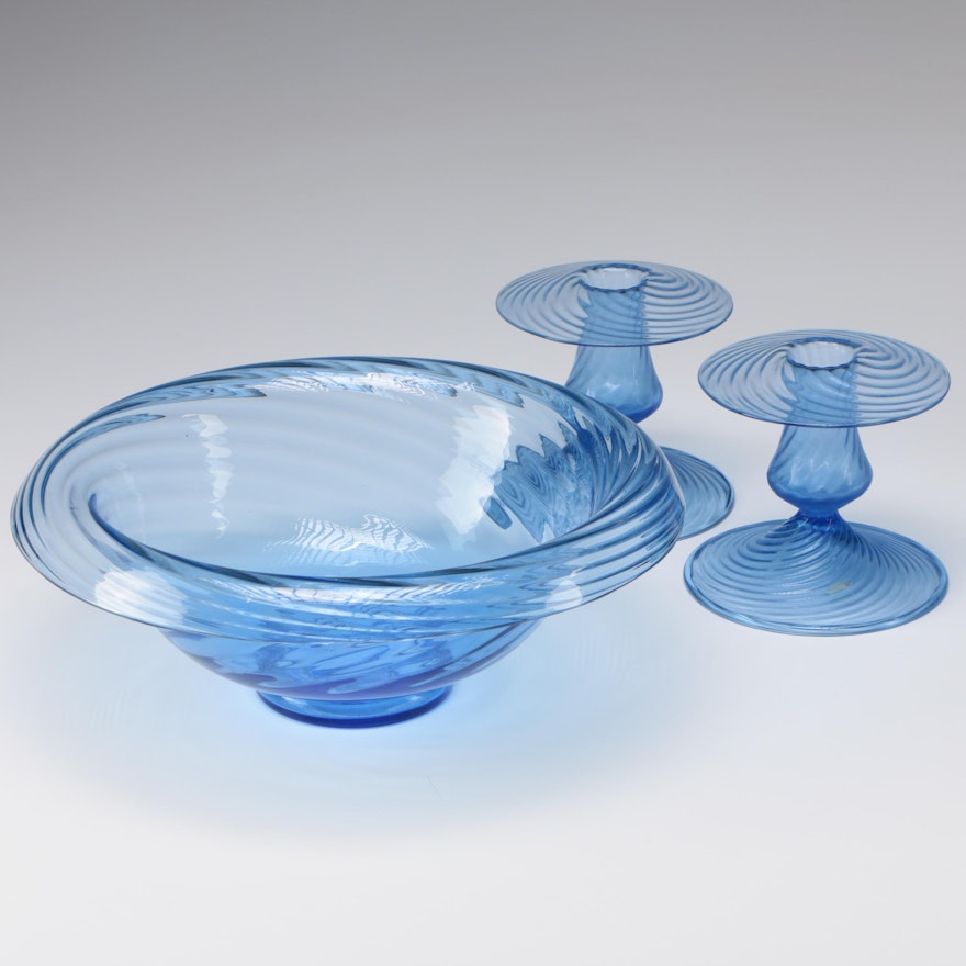 Steuben Celeste Blue Art Glass Console Bowl with Candlesticks, Early/Mid-Century