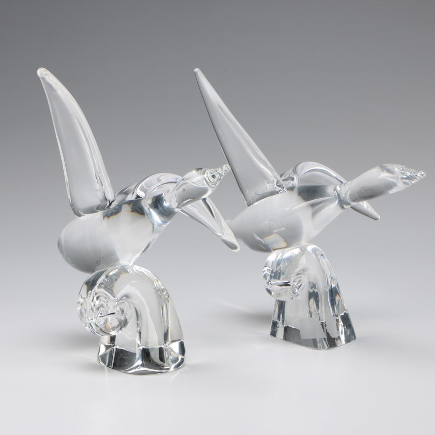 Pair of Steuben Art Glass "Water Bird" Figurines by Lloyd Atkins, Mid-Century