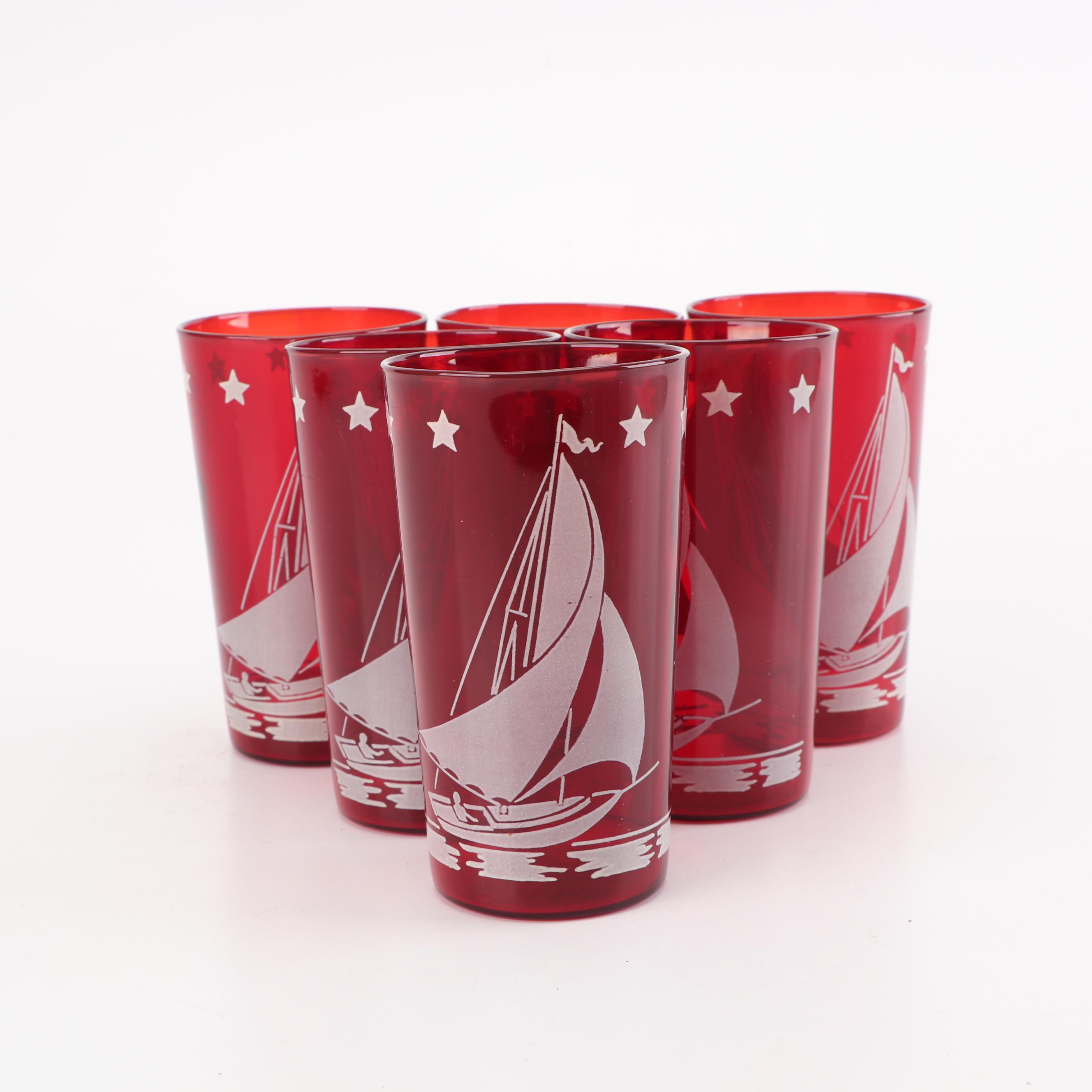 Hazel-Atlas Red "Ships" Glass Tumblers with Colombia Chrome Tray