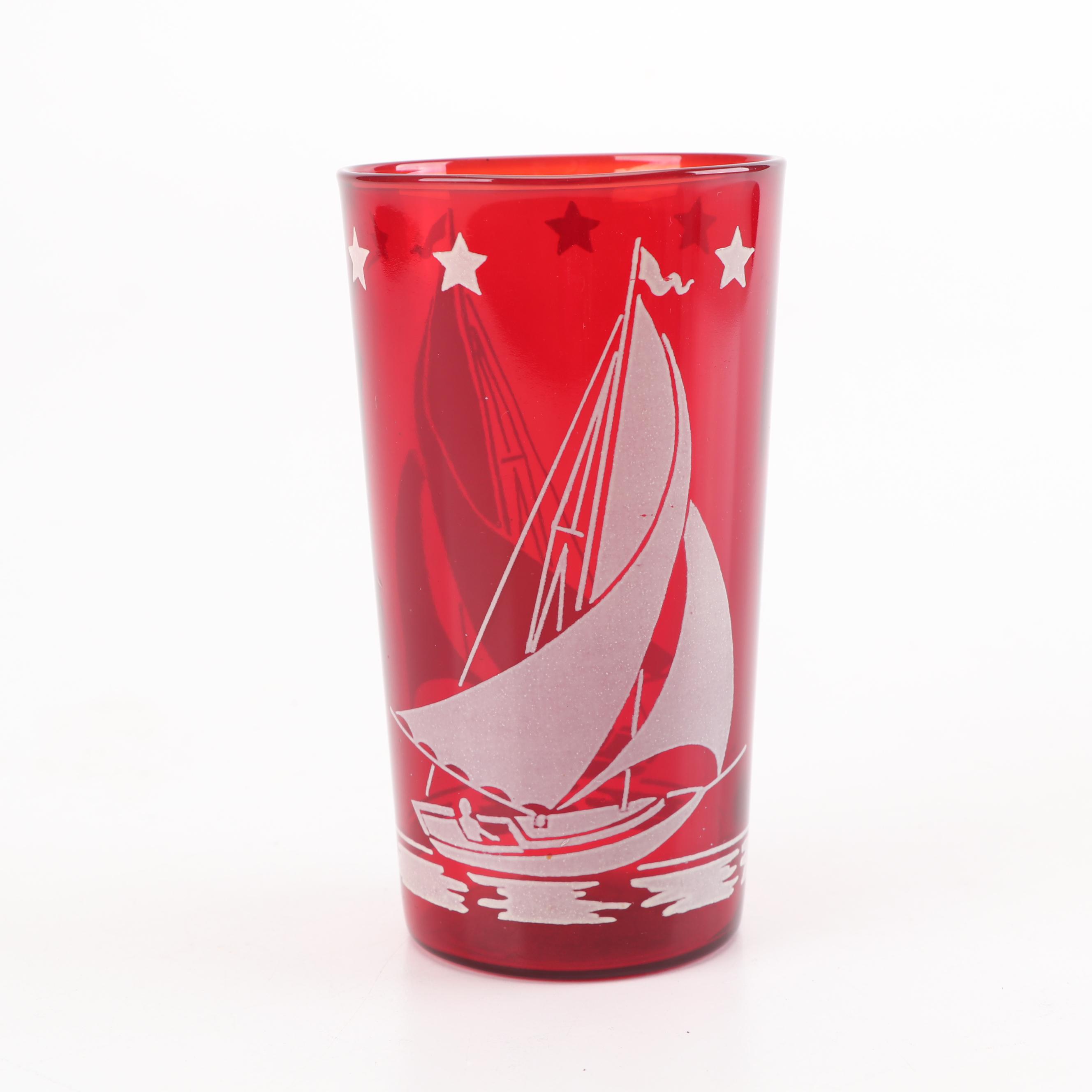 Hazel-Atlas Red "Ships" Glass Tumblers with Colombia Chrome Tray
