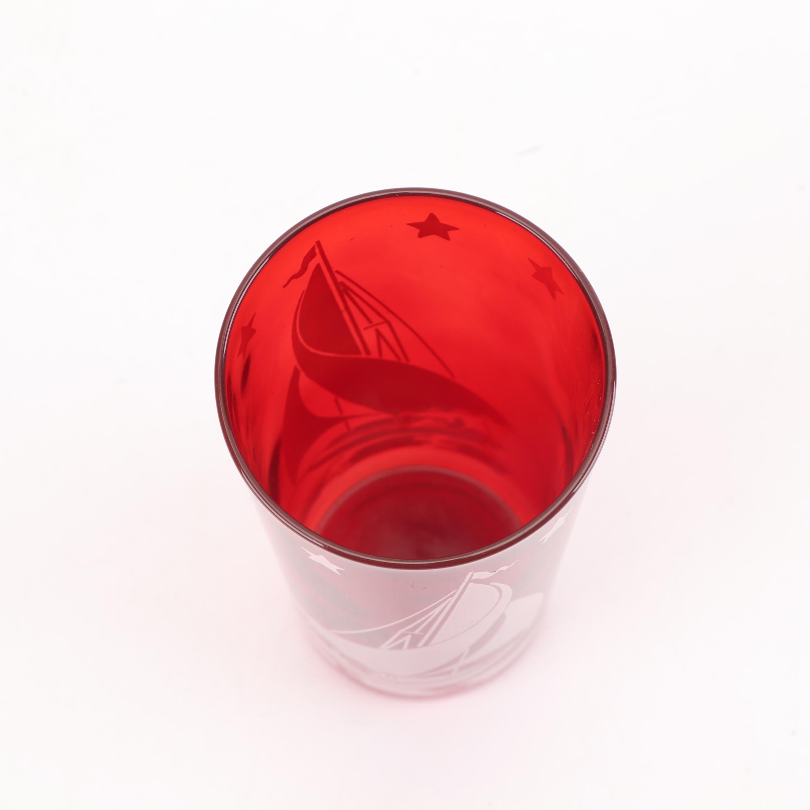 Hazel-Atlas Red "Ships" Glass Tumblers with Colombia Chrome Tray